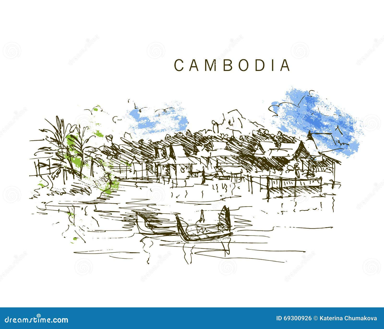 Hand Drawn Cambodia Landscape Sketch. Stock Vector Illustration of