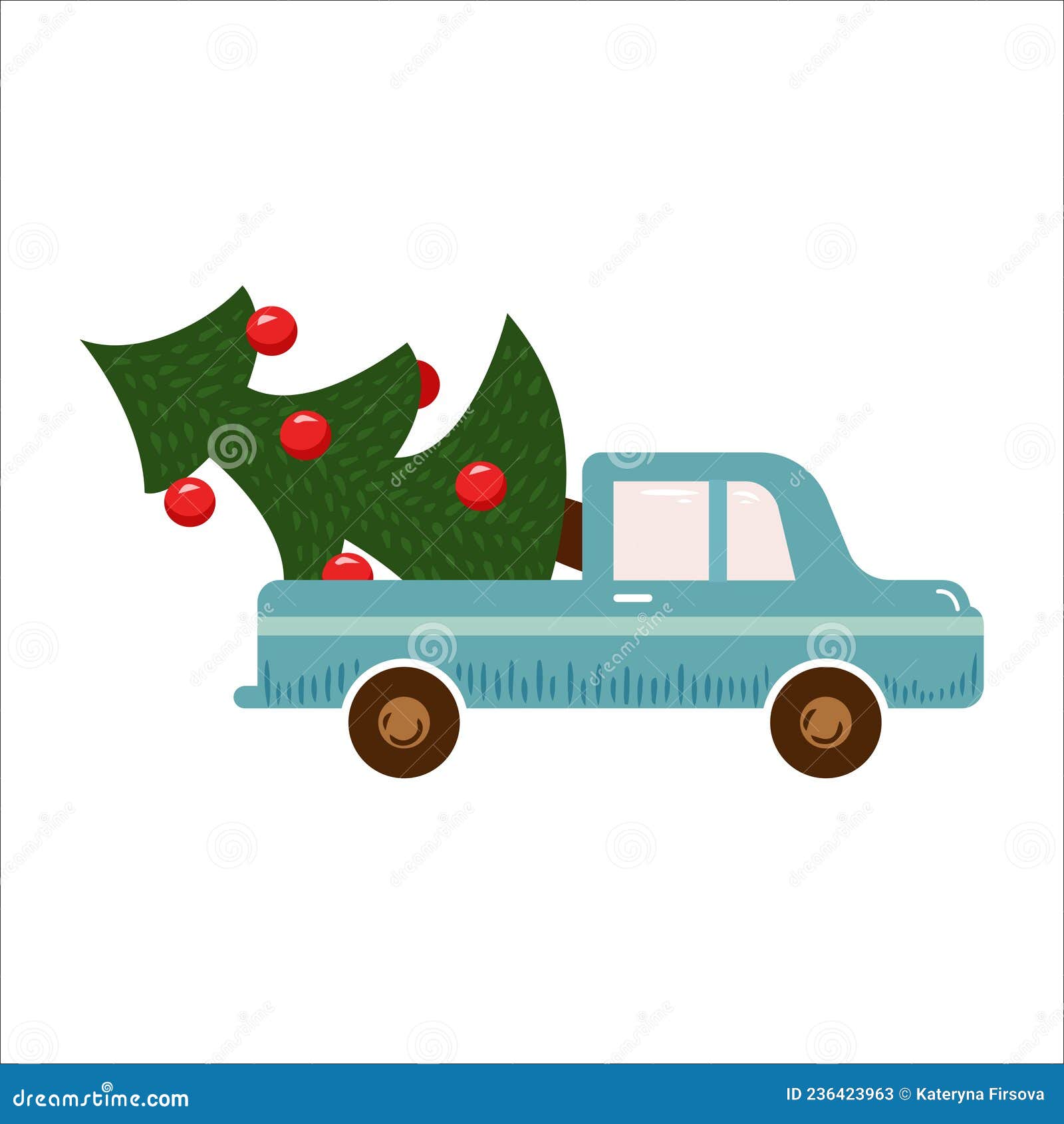 Hand Drawn Car with Christmas Tree. Vector Illustration in Cartoon