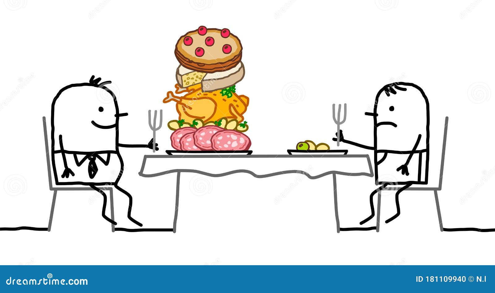 Cartoon Fat Man with a Pile of Food in His Plate, Sitting Front of a Thin  One with a Small Plate Stock Vector - Illustration of lunch, fork: 181109940