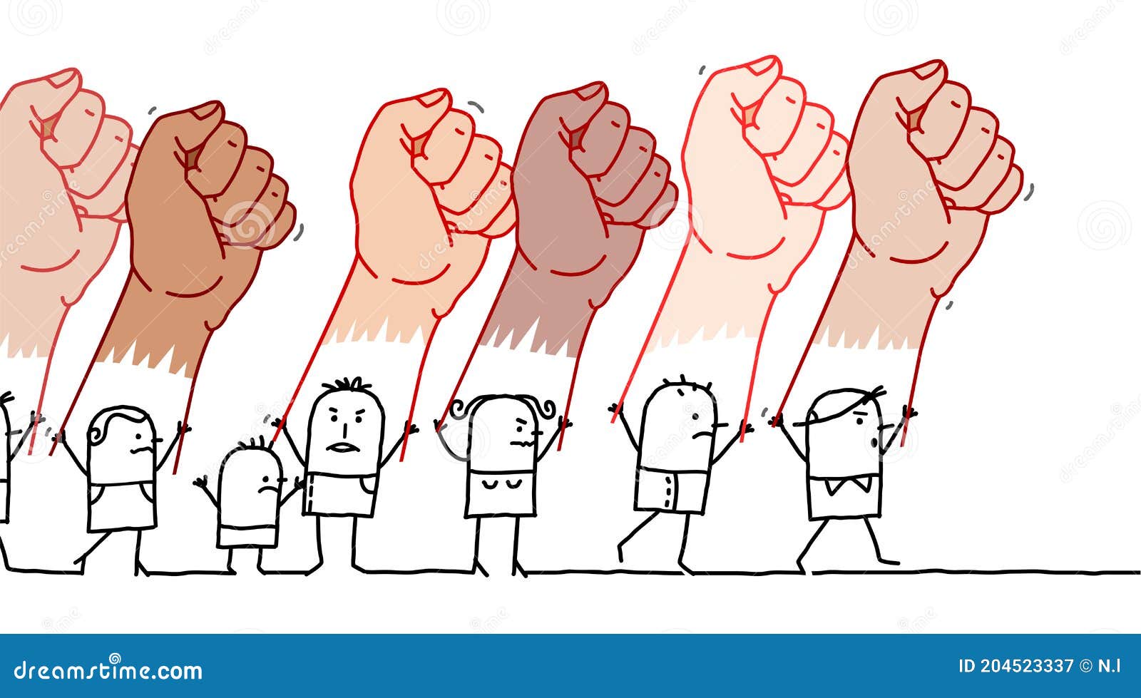 cartoon protesting people with big multi-ethnical raised fists