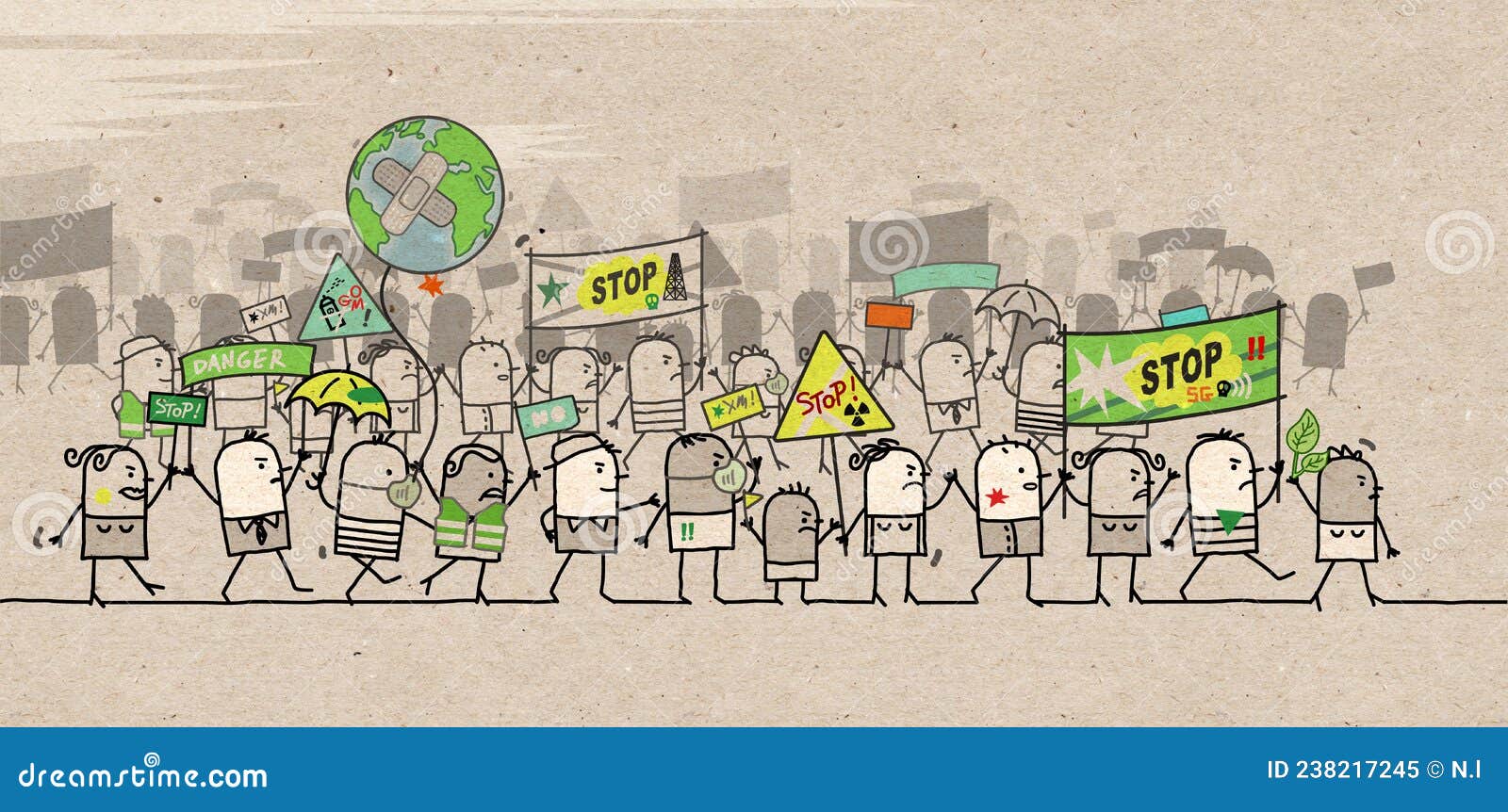 cartoon protesting and walking group of people - ecological