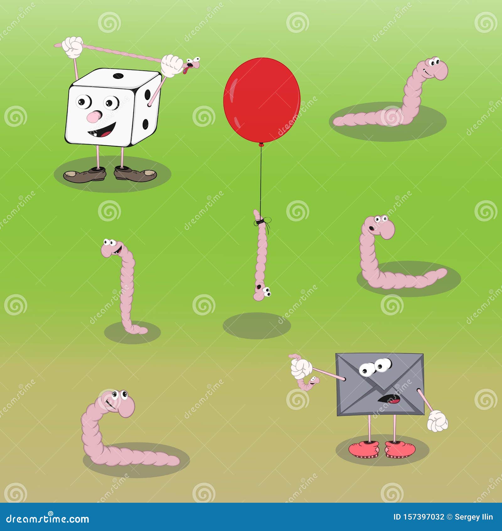 Set of Vector Cartoon Characters Worm, Dice Cube and Envelope Show  Different Emotions on a Colored Background. Stock Vector - Illustration of  worm, vector: 157397032