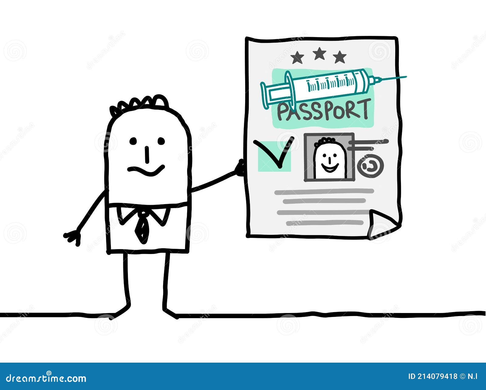 cartoon unconvinced man showing a vaccine passport