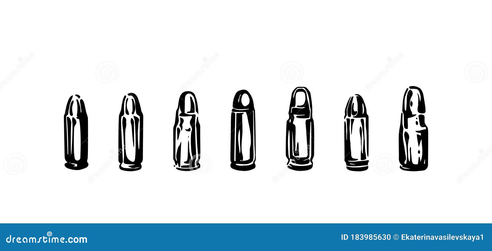 hand drawn cartridge set, ink drawing sketch weapon bullets , black  live ammunition  on white