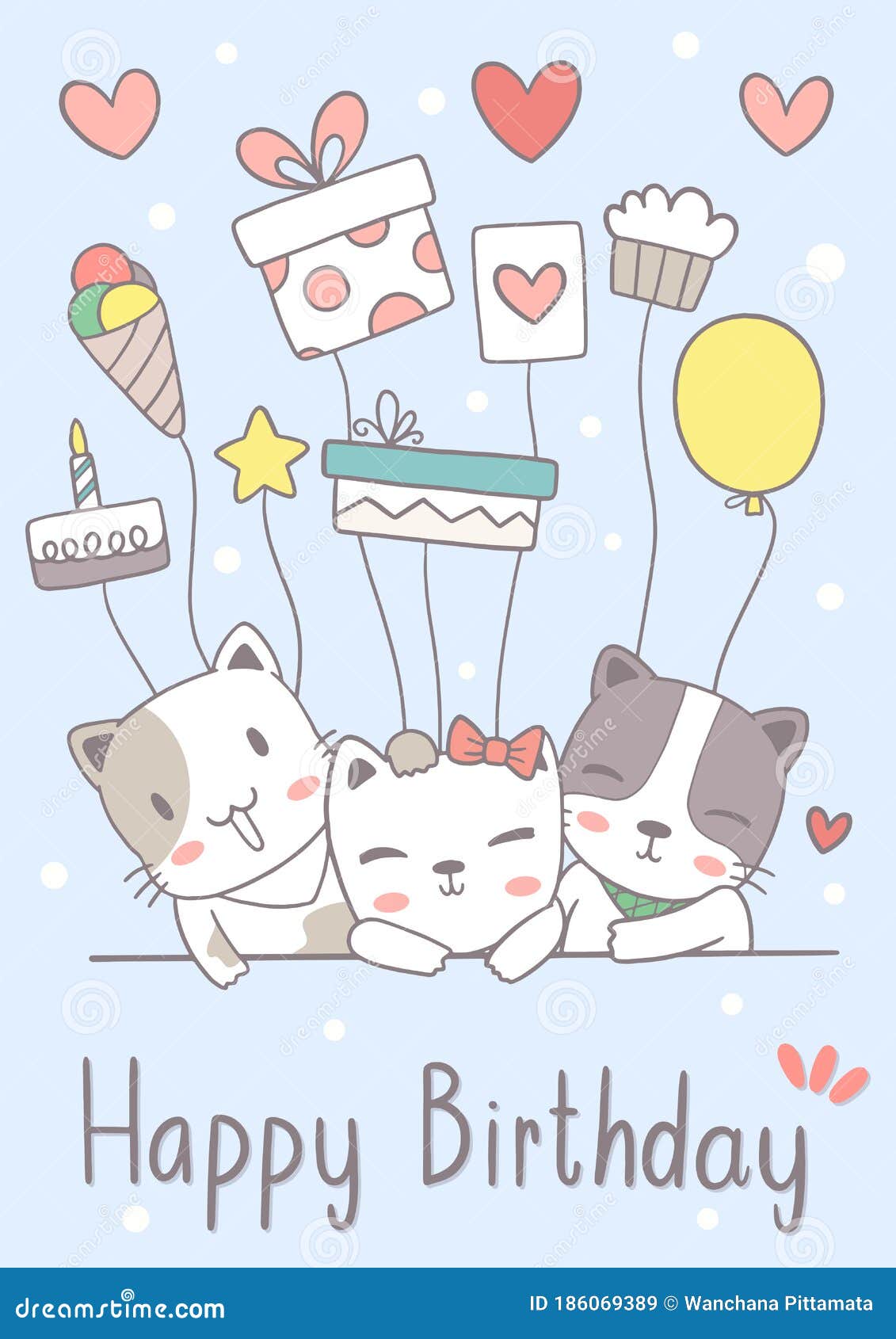 Hand Drawn Cat Cute Happy Birthday Greeting Card and Party Invitation ...