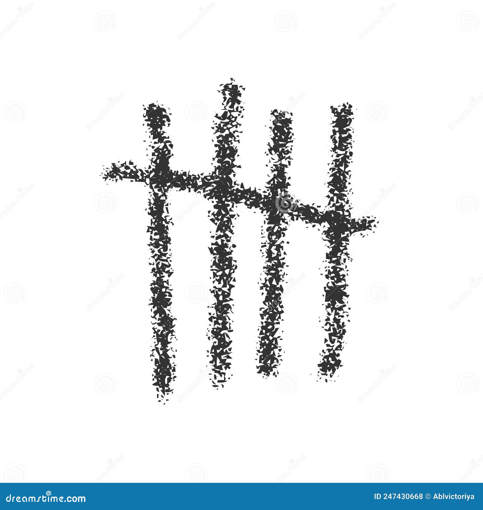 hand drawn charcoal tally mark. four black sticks crossed out by slash line. day counting  on jail wall. unary