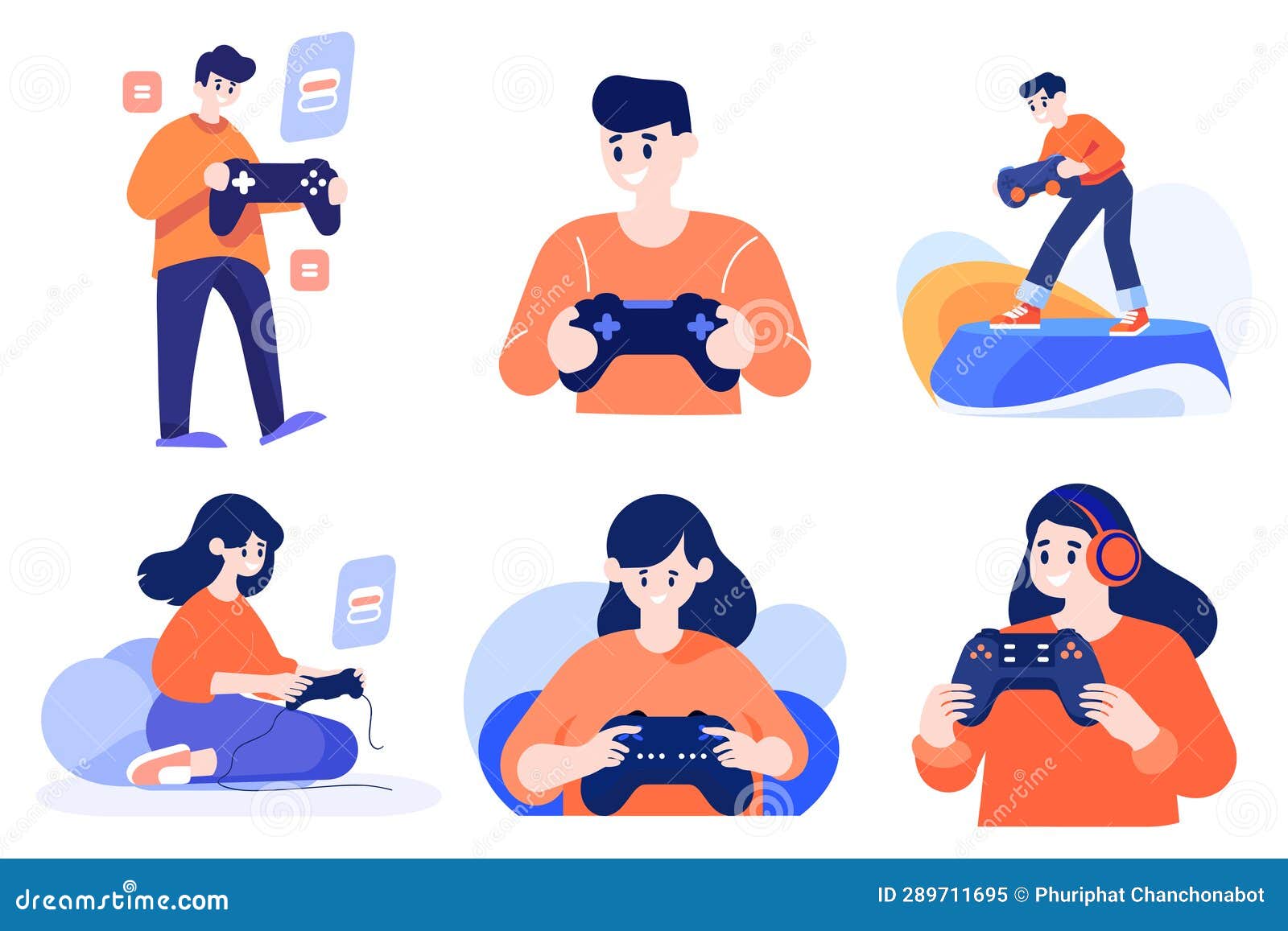 Hand Drawn Child Character Playing Game in Flat Style Stock