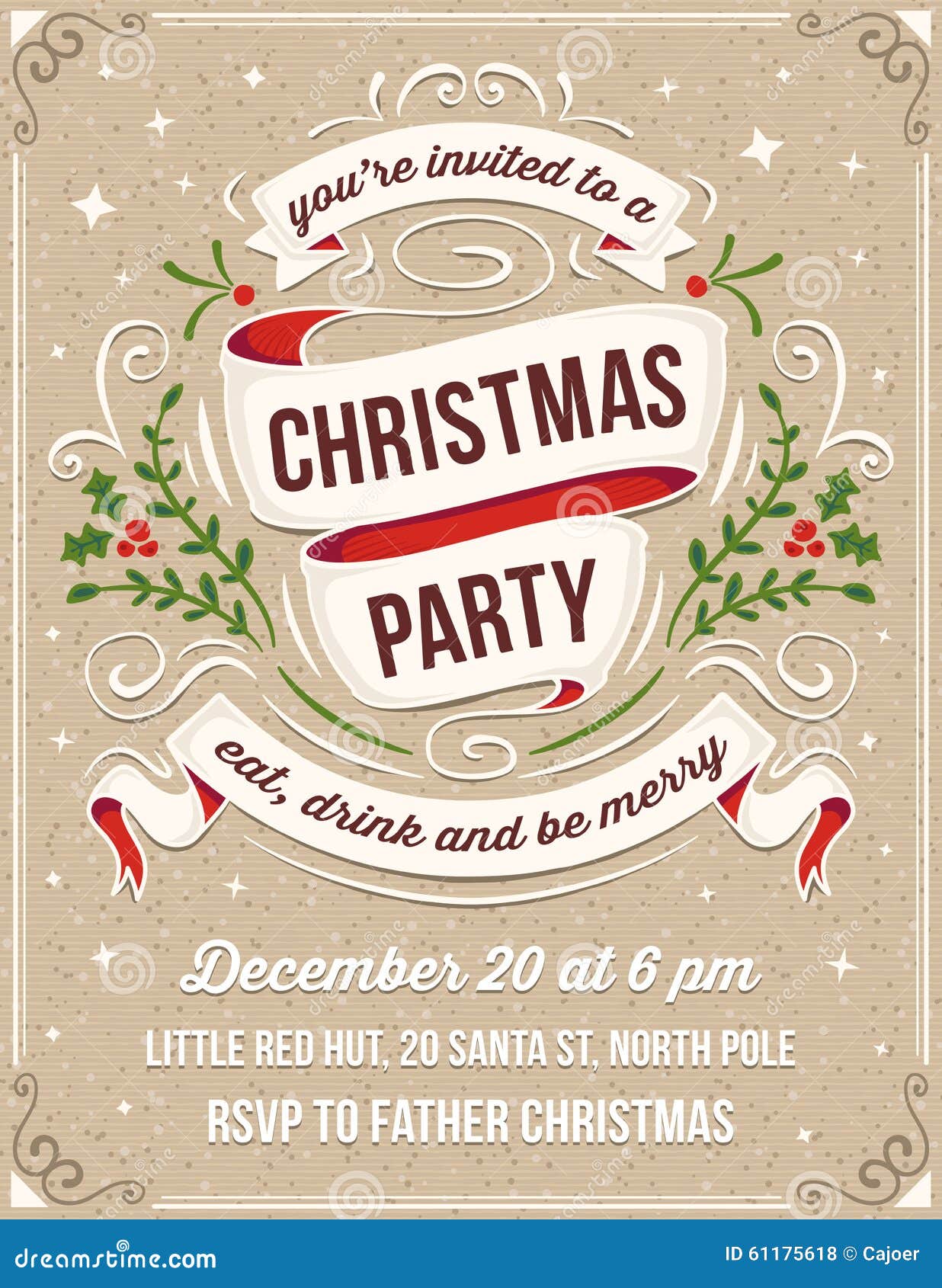 hand drawn christmas party invitation with white ribbons stock