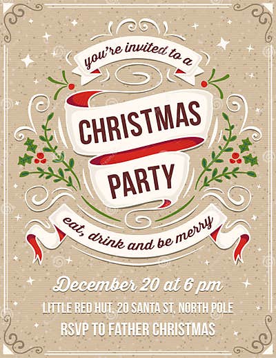 Hand Drawn Christmas Party Invitation with White Ribbons Stock Vector ...
