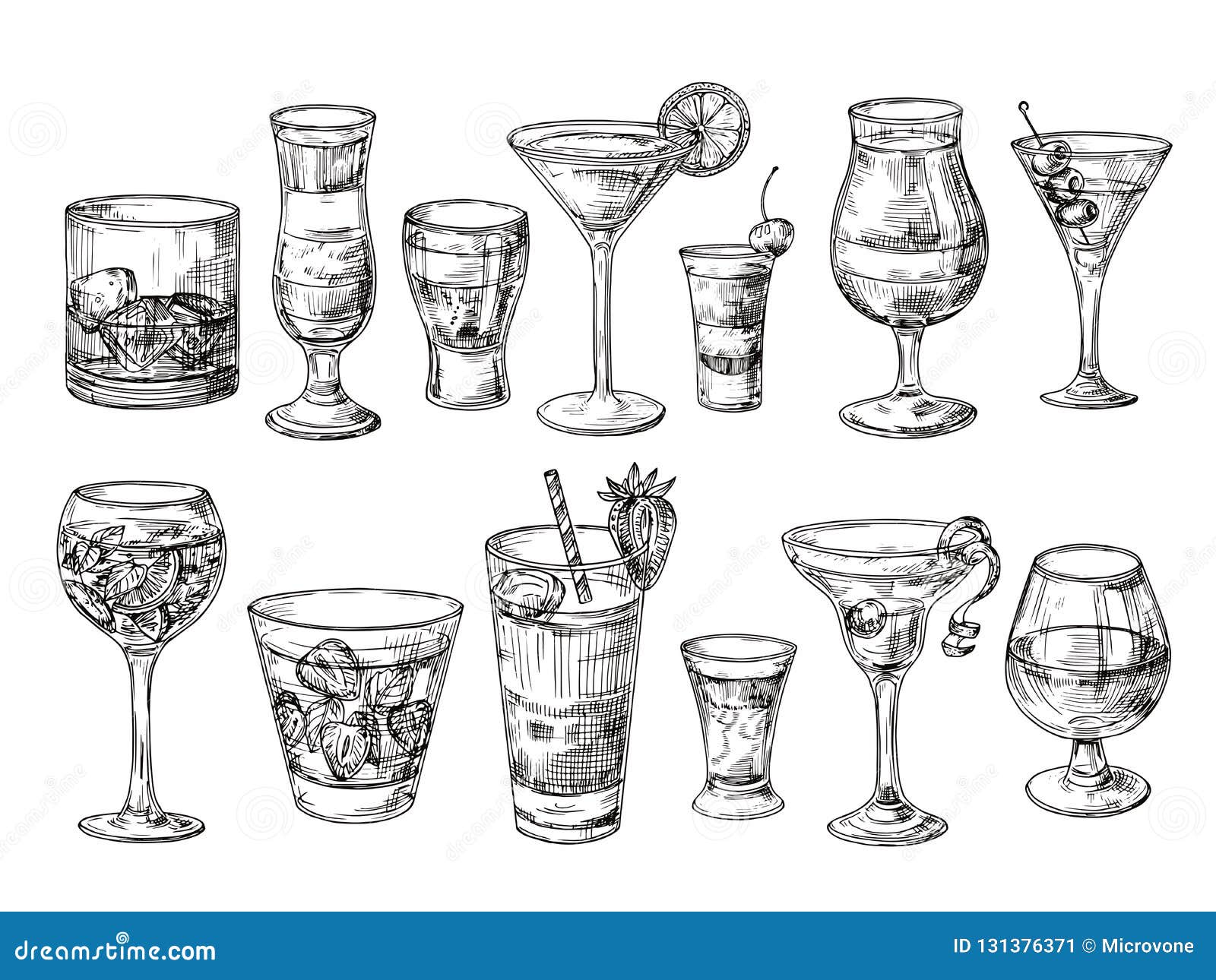 hand drawn cocktail. alcoholic drinks in glasses. sketch juice, margarita martini. cocktail with rum, gin whiskey 