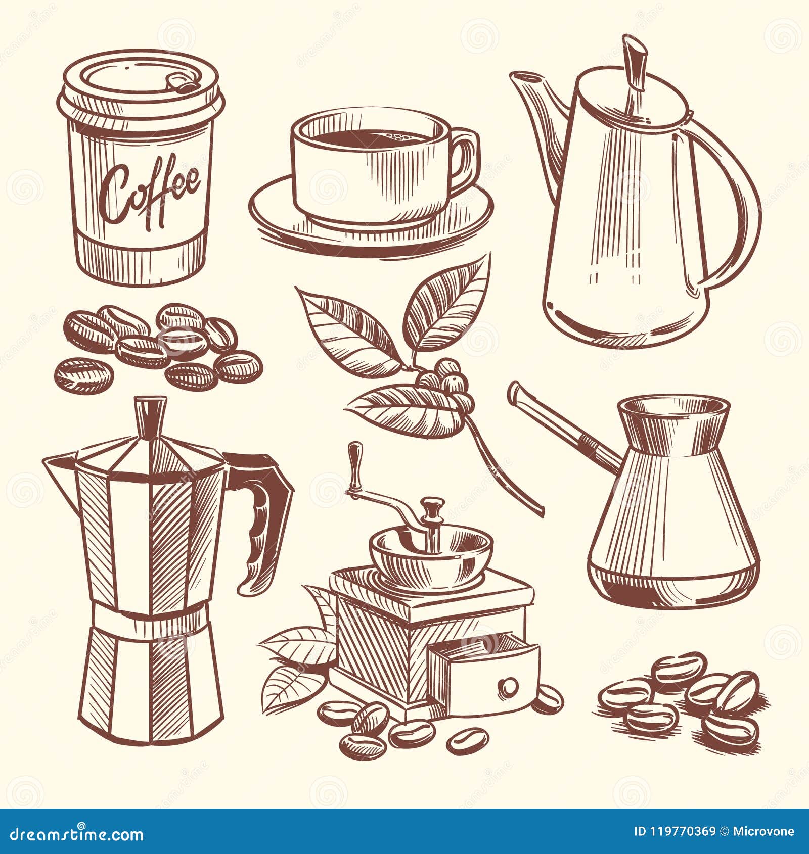 Download Hand Drawn Coffee Cup, Beans, Leaves, Coffeepot And Coffee ...