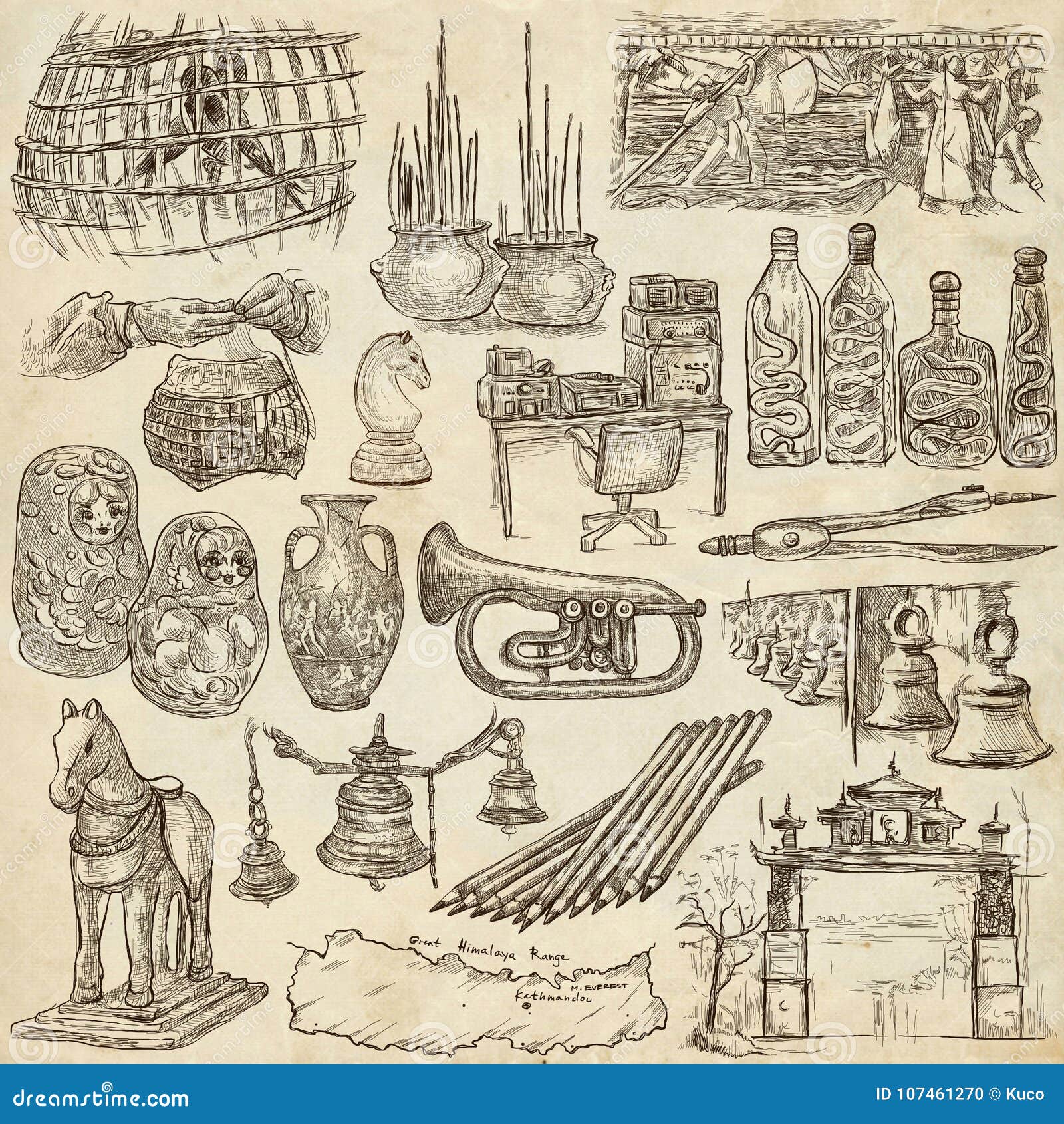 bric a brac, objects - an hand drawn pack. freehand sketching, f