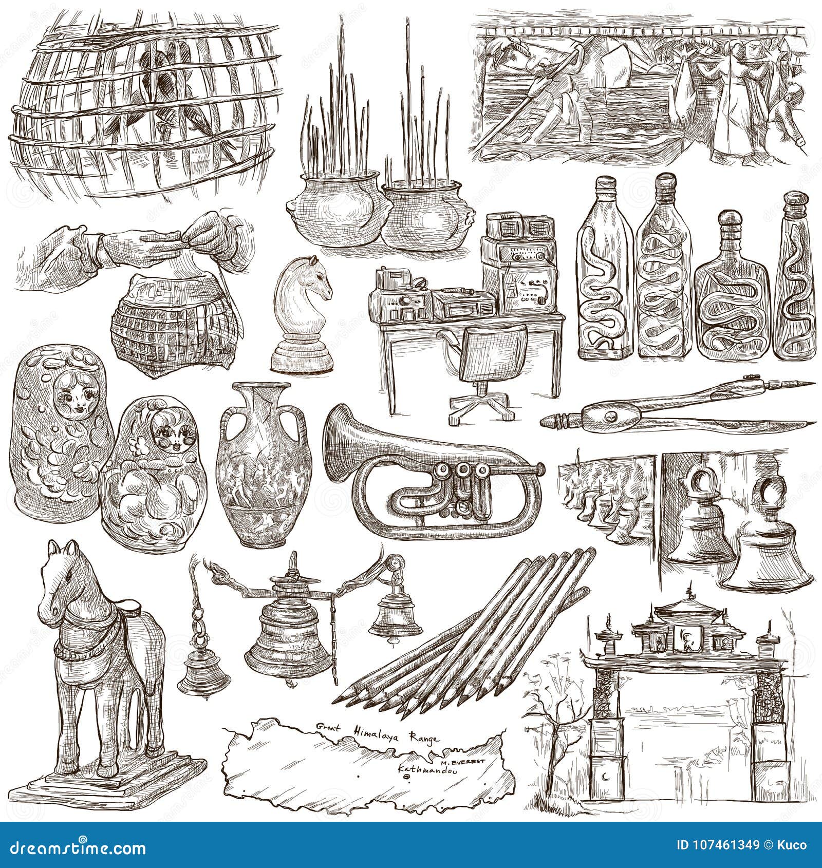 bric a brac, objects - an hand drawn pack. freehand sketching, f