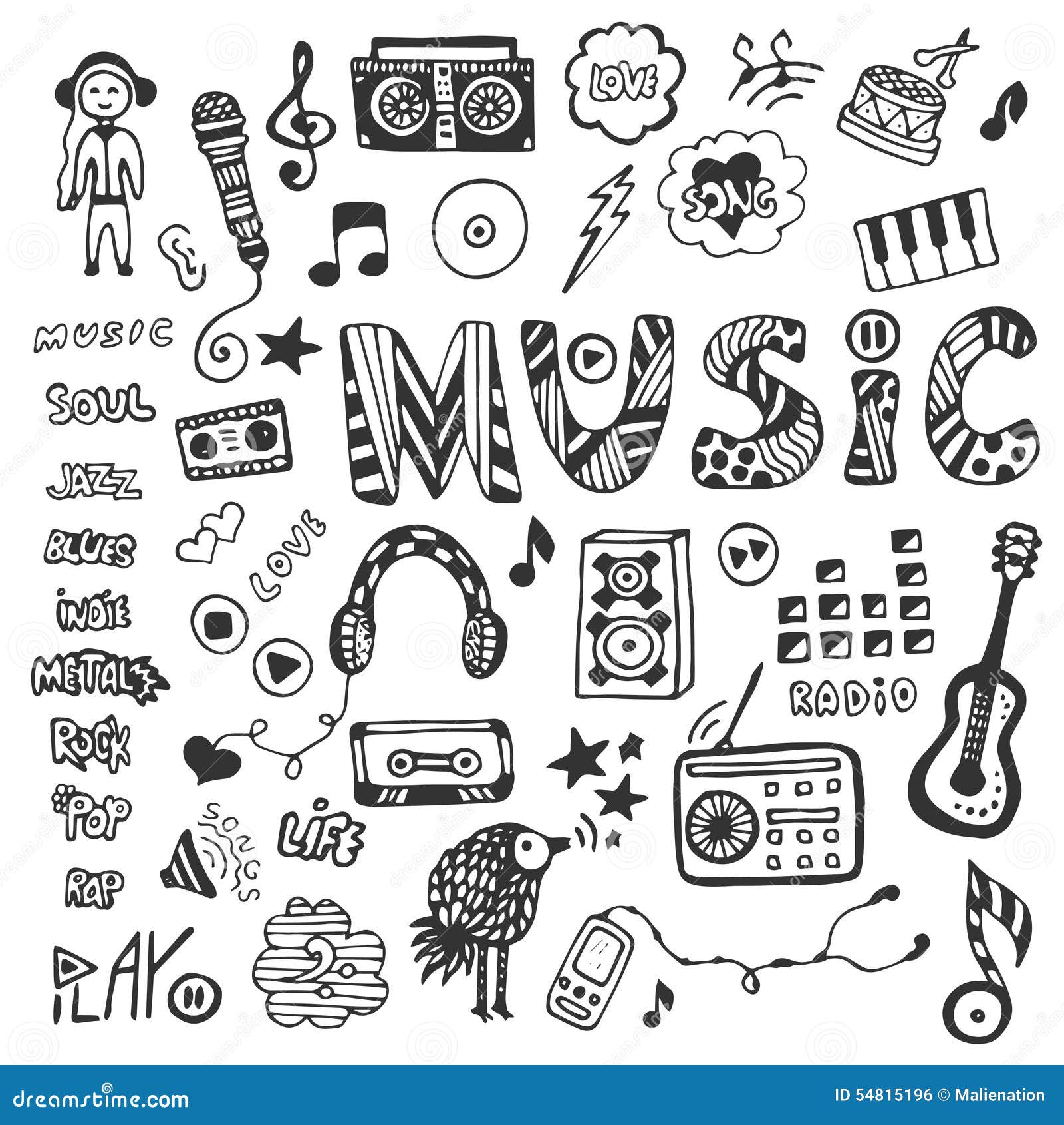 Hand Drawn Collection With Music Doodles Music Icons Set Vector