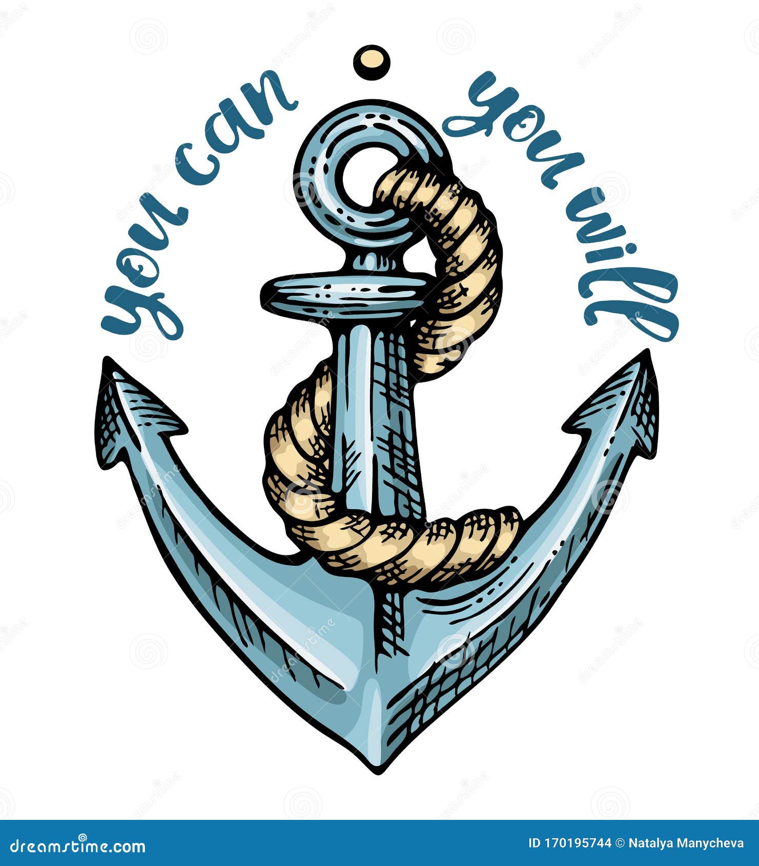 Hand Drawn Color Cartoon Anchor with Lettering Stock Vector