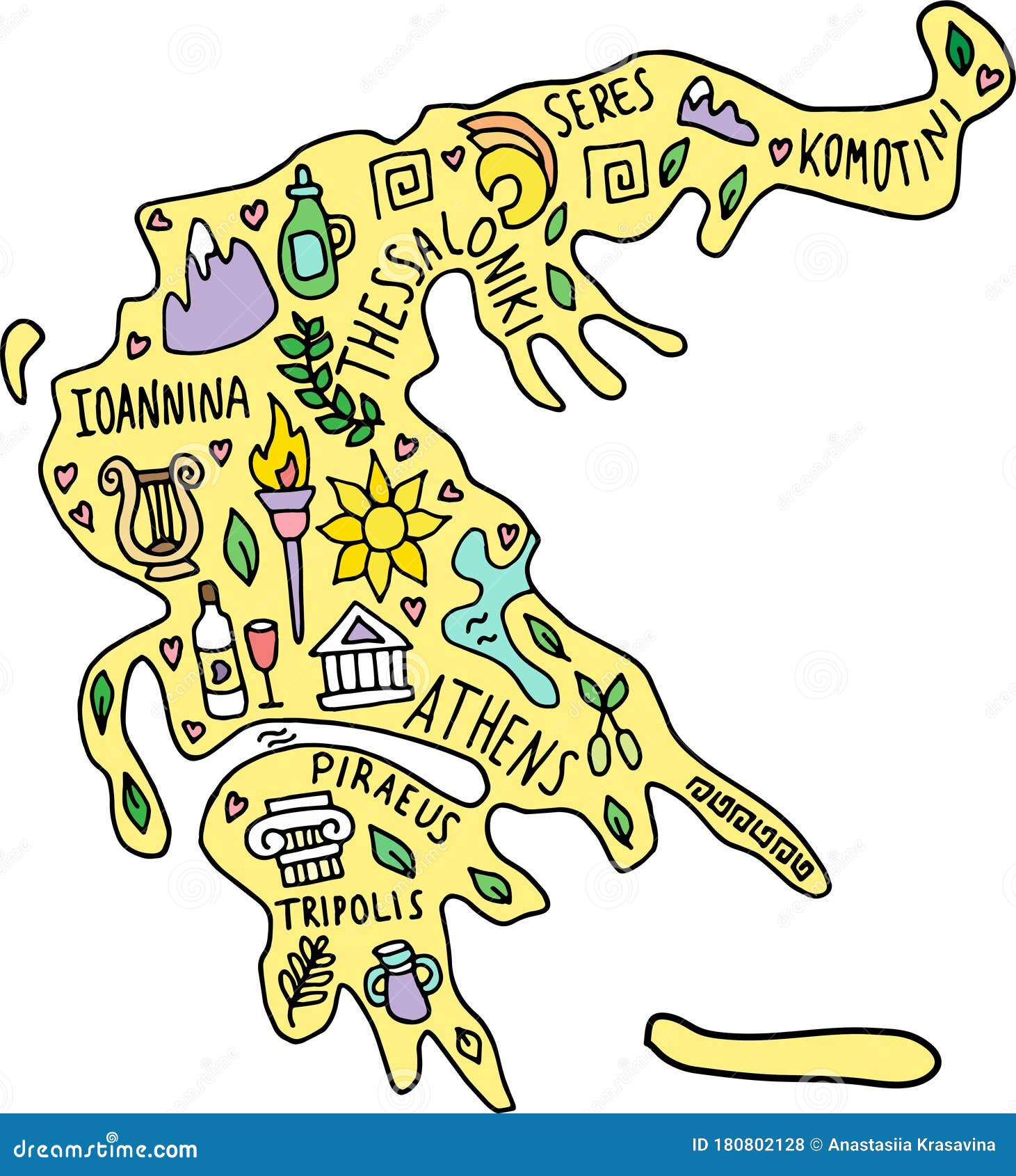 Hand Drawn Colored Doodle Greece Map. Greek City Names Lettering and  Cartoon Stock Illustration - Illustration of amphora, icons: 180802128