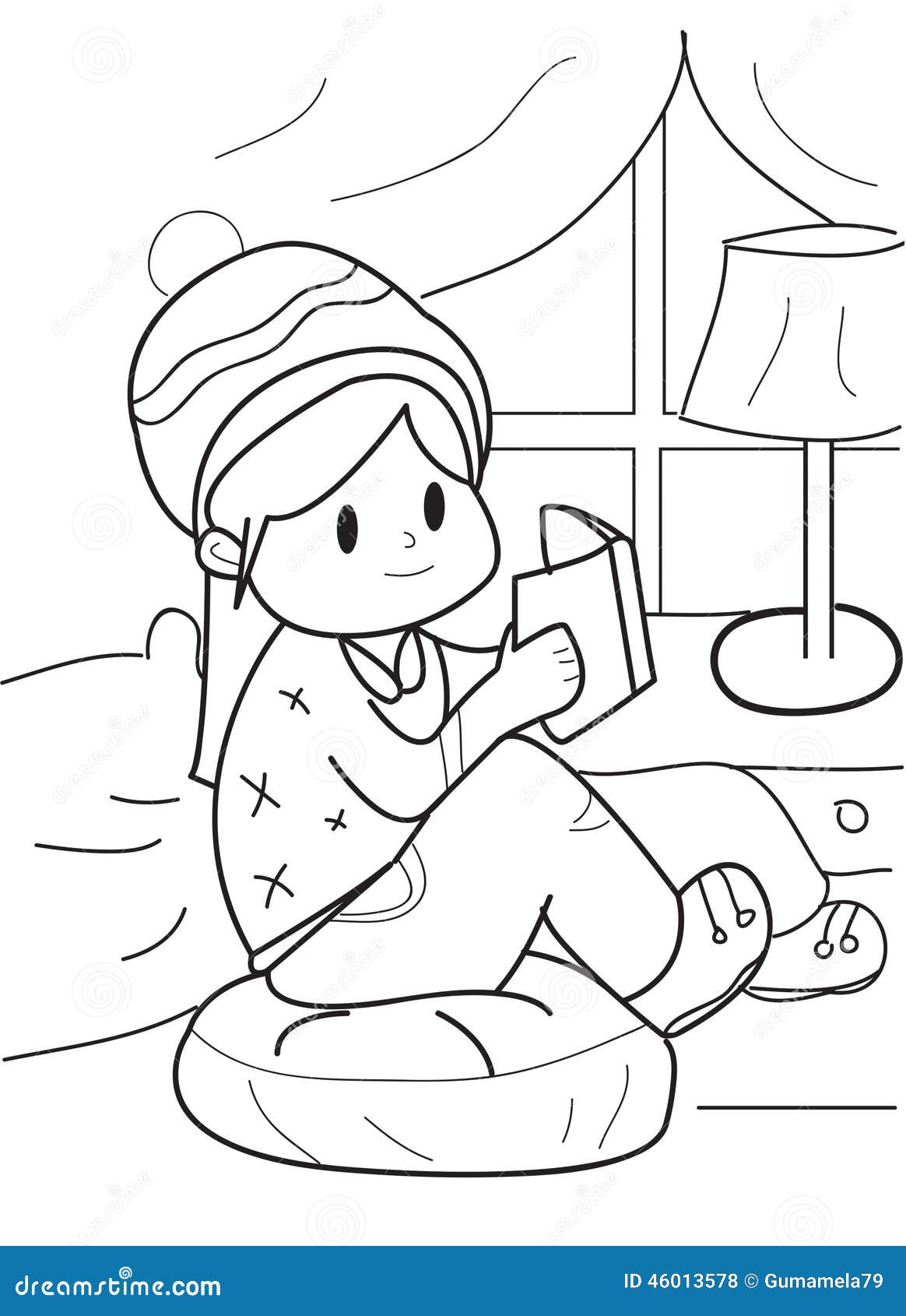 Hand Drawn Coloring Page Of A Girl Reading A Book Stock ...