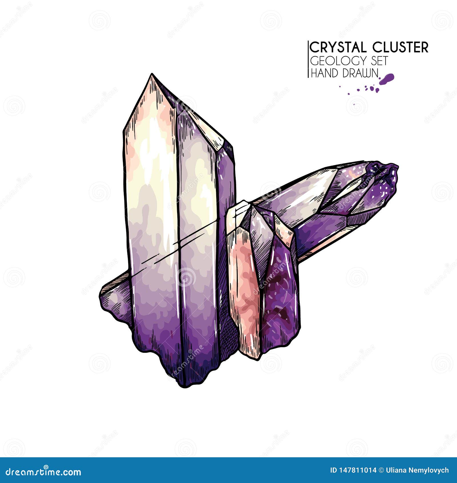hand drawn crystal cluster.  mineral . amethyst or quartz stone.  natural gem. geology set