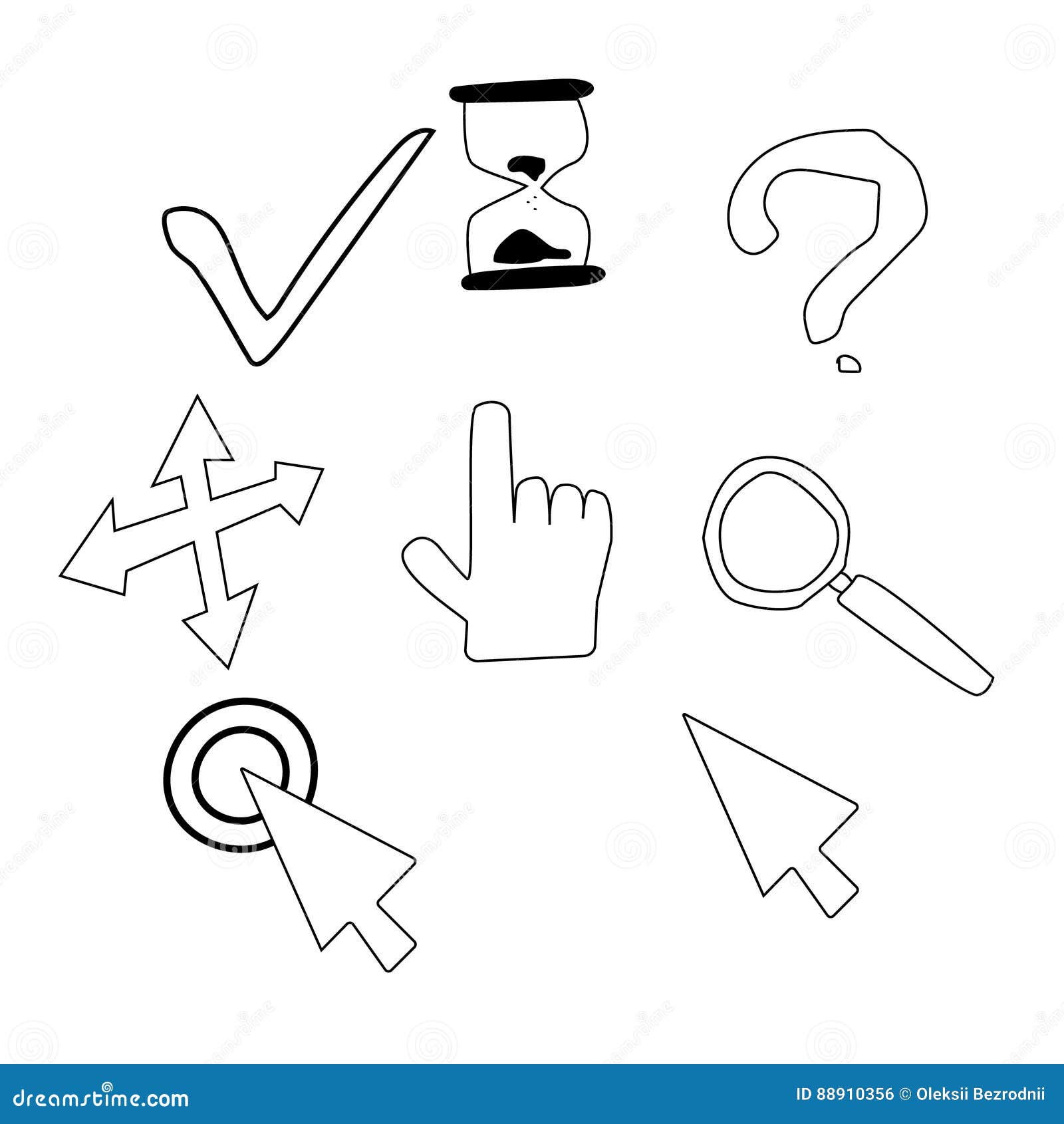 hand drawn cursor icons. sketch mouse cursore icons