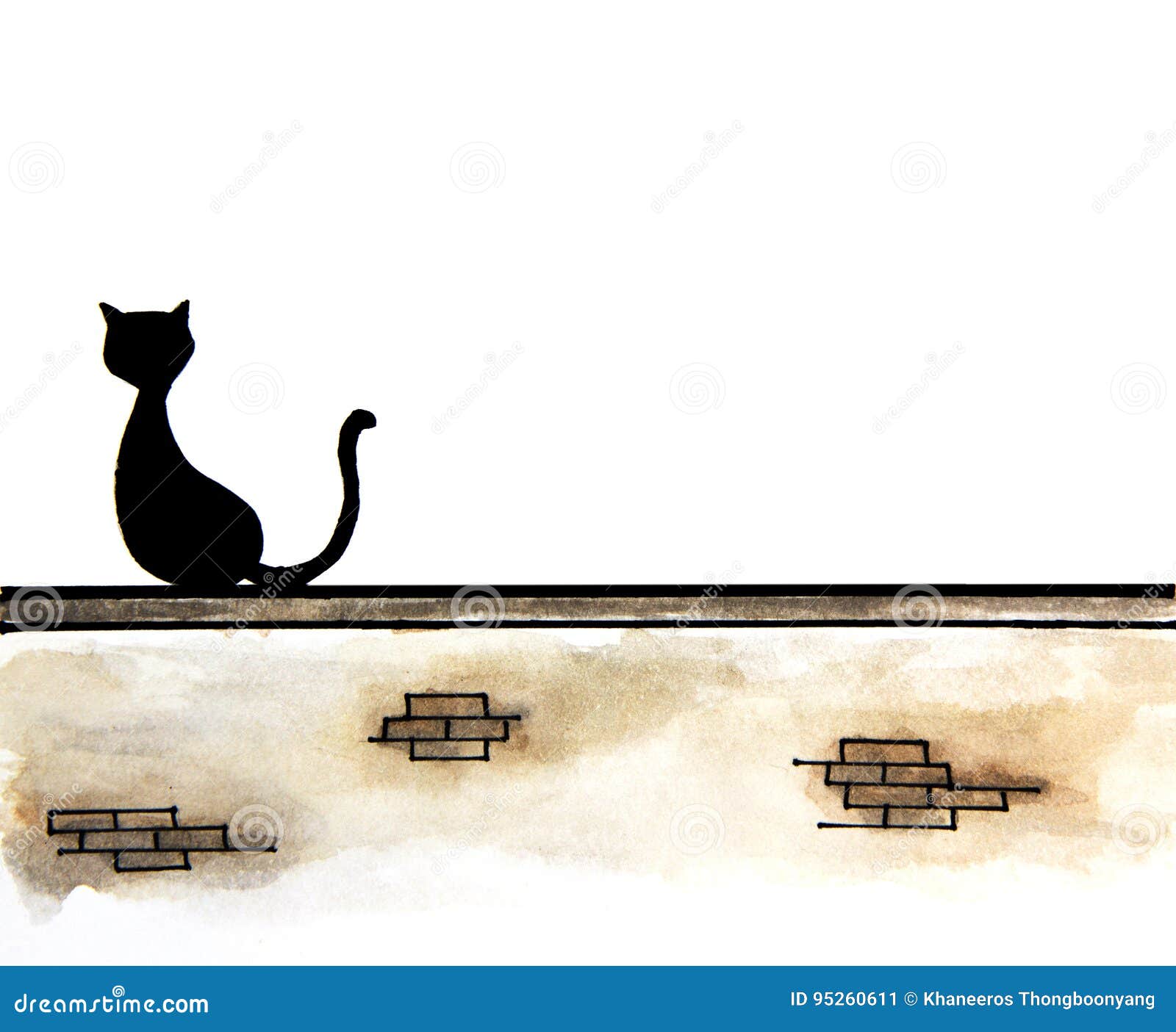Hand Drawn of Cute Black Cat Sitting on Wall with Place for Text Stock