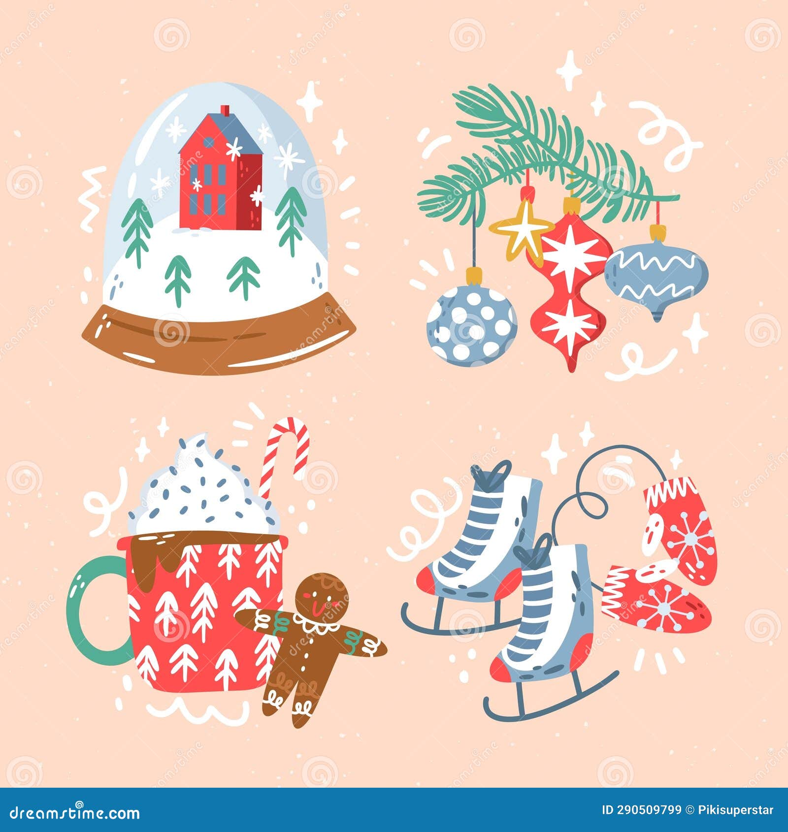 Hand Drawn Cute Christmas Collection Design Vector Illustration Stock