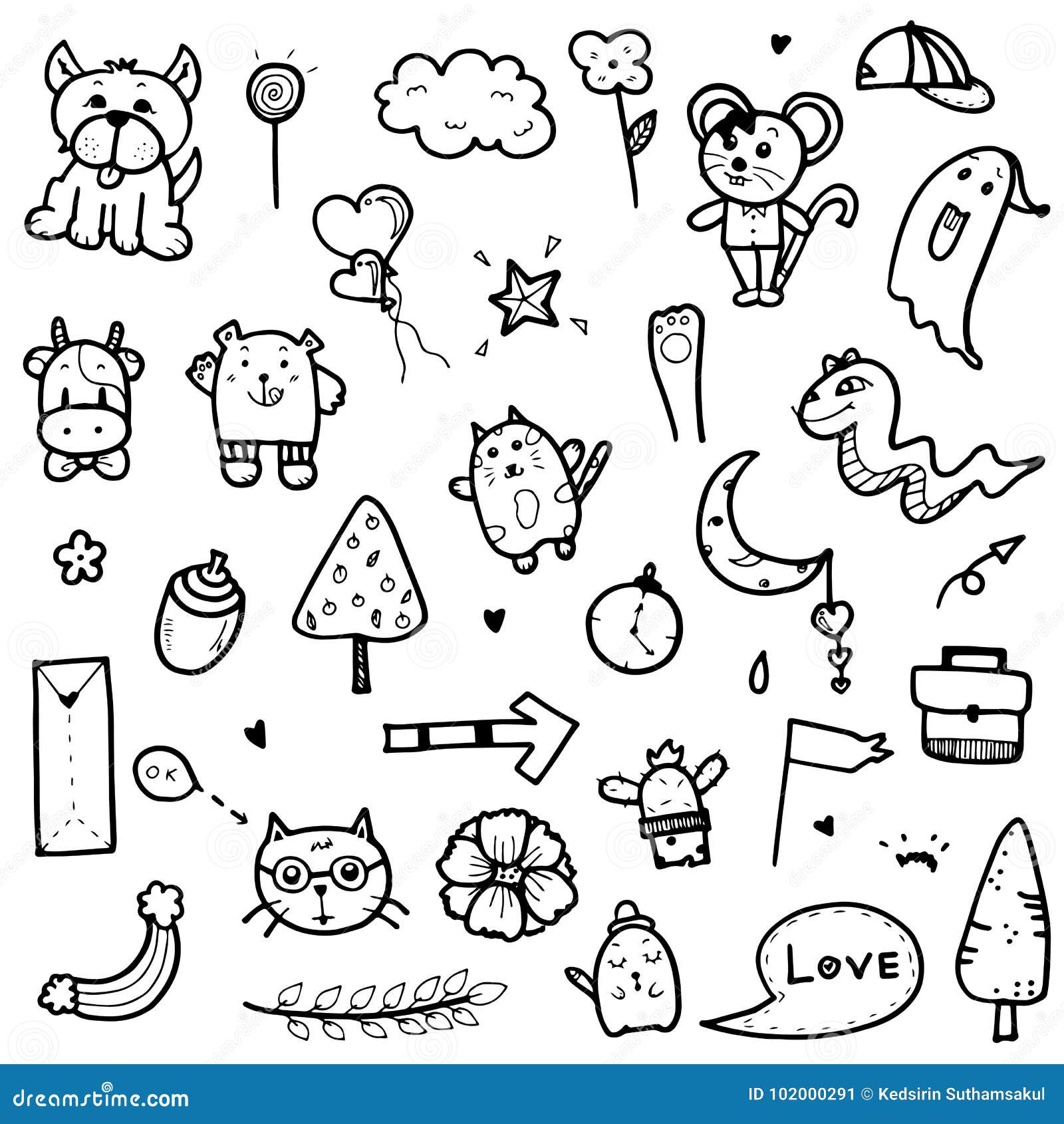 Hand Drawn Cute Doodles Collection Elements Vector Illustration Of Animal,  Tree, Arrow, Objects For Prints Design Or Card Design Stock Vector -  Illustration Of Pencil, Doodles: 102000291