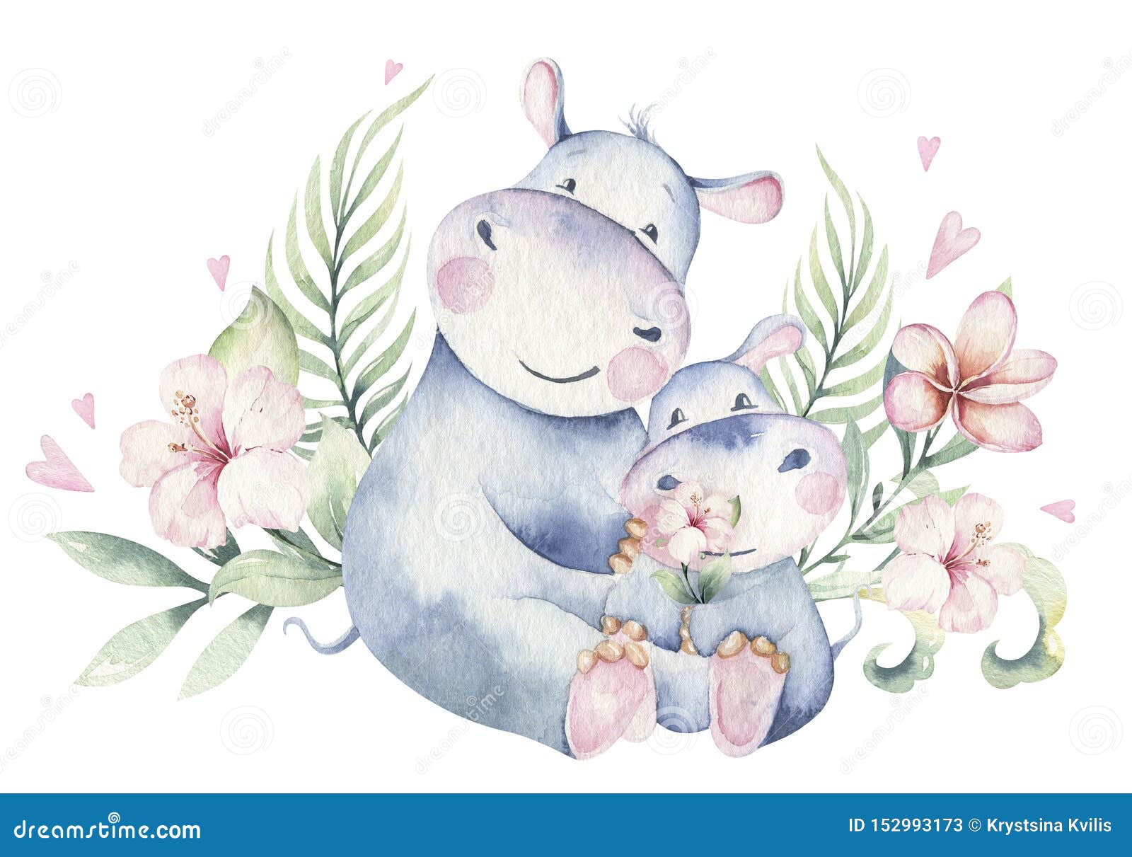 hand drawn cute  tropical summer watercolor hippo animals. hippopotamus baby and mother cartoon animal