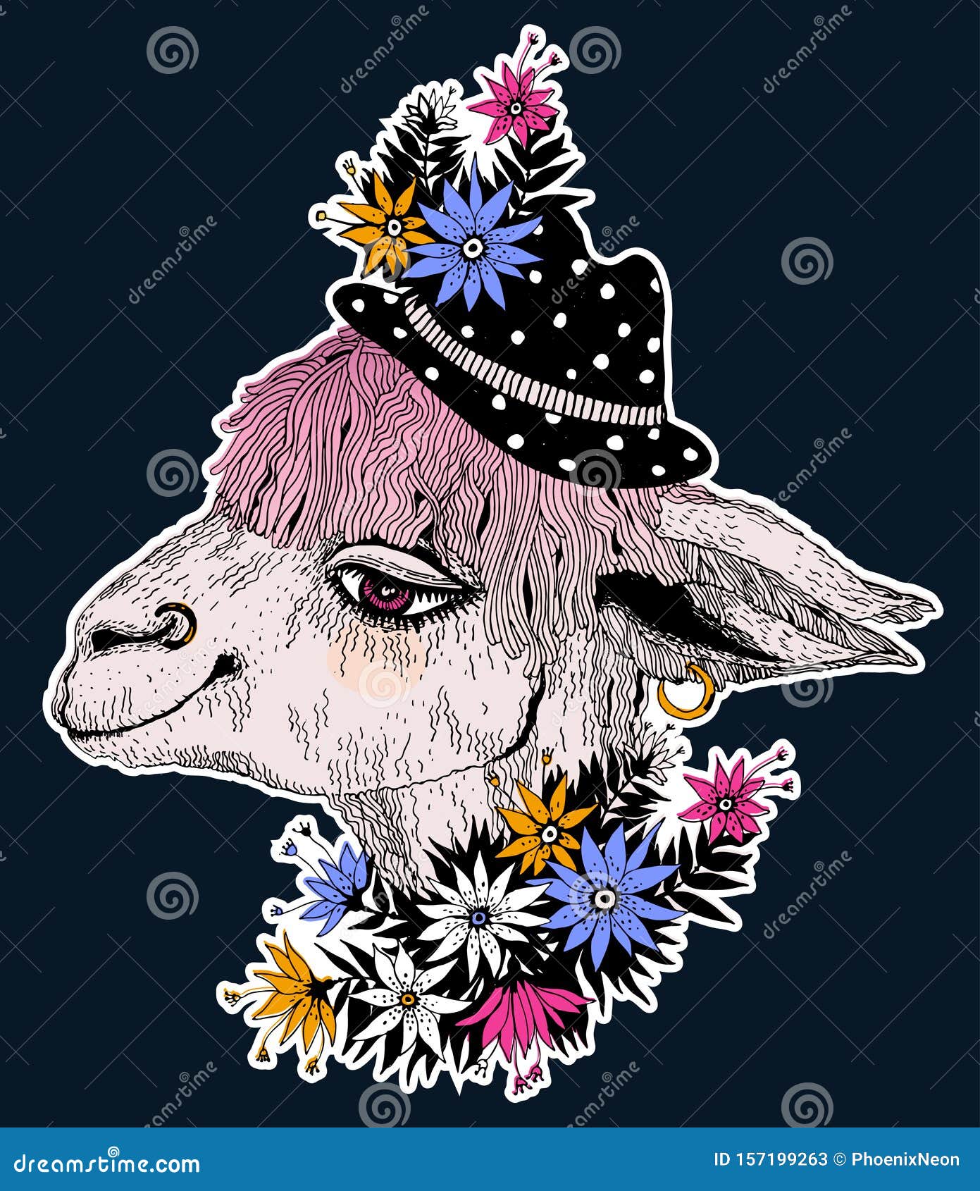 Hand Drawn Cute Lama Alpaca Wearing a Hippie Hat and a Wreath of Field Stock Vector - Illustration of cartoon, llama: