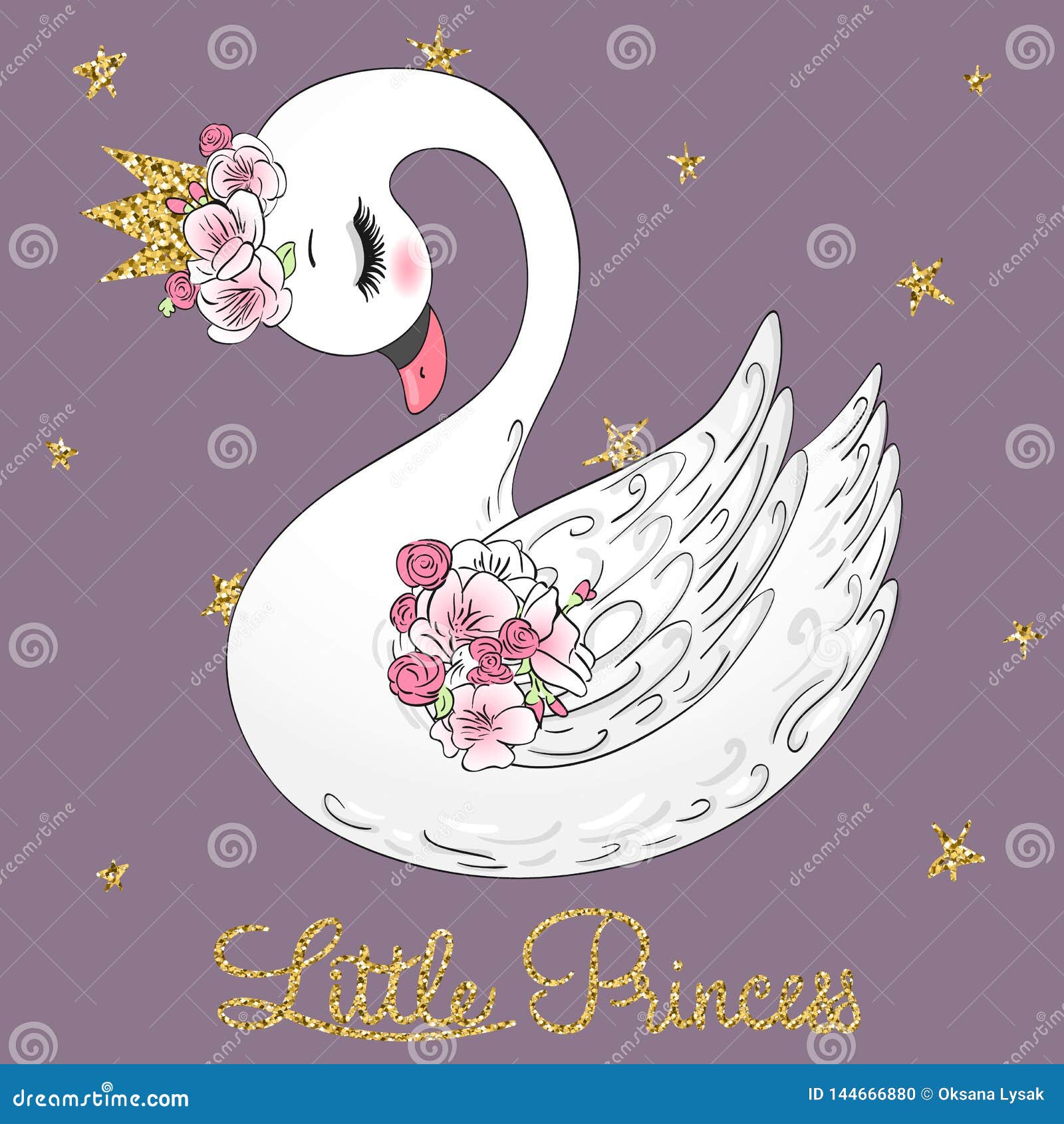 hand drawn cute little princess swan with crown and flowers. 