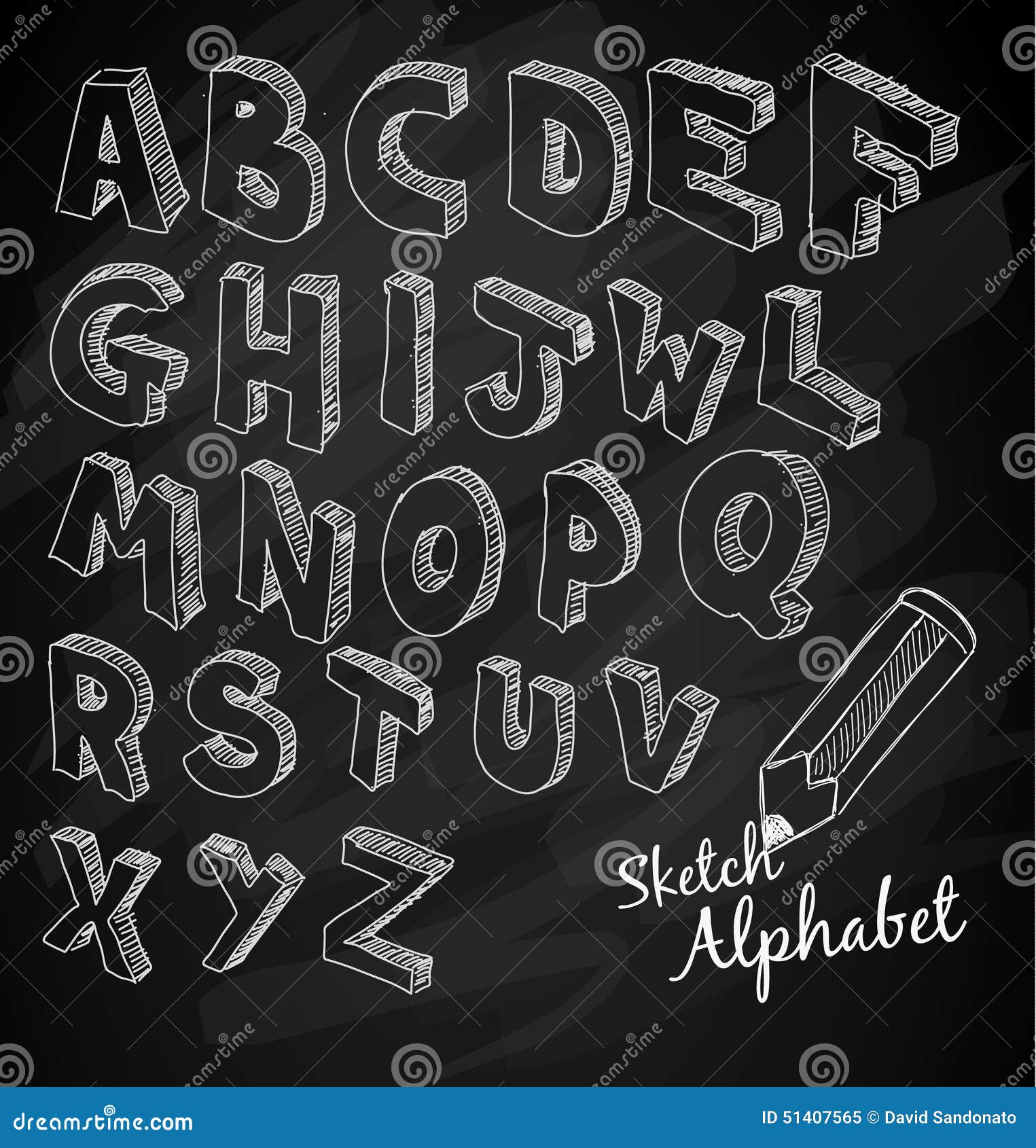 Hand Drawn 3D Sketch Alphabet Over a Chalkboard Stock Vector ...