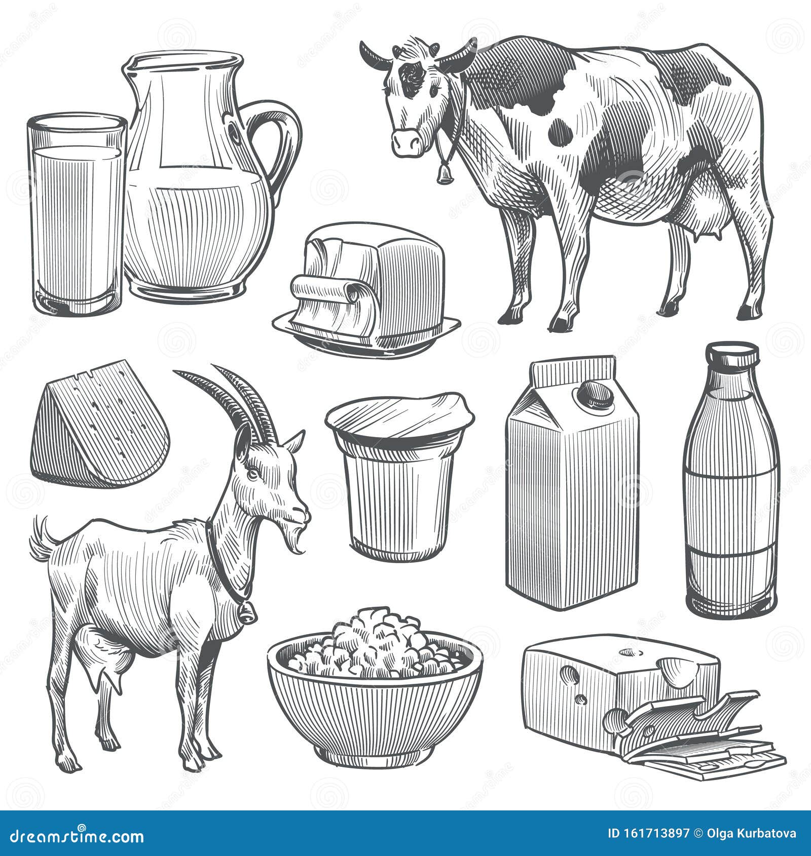 Hand Drawn Dairy Products Farm Cow And Goat Milk Healthy Fresh