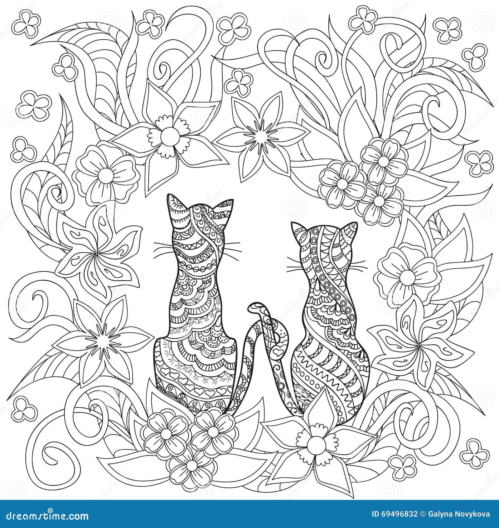 Hand Drawn Decorated Cartoon Cats into Flowers Stock Vector