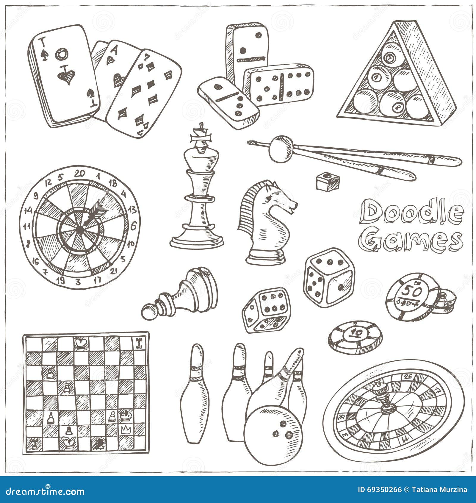 Hand Drawn Doodle Games Set. Chess Piece, Casino Roulette, Cards, Billiards  Stock Vector - Illustration of game, drawn: 69350266