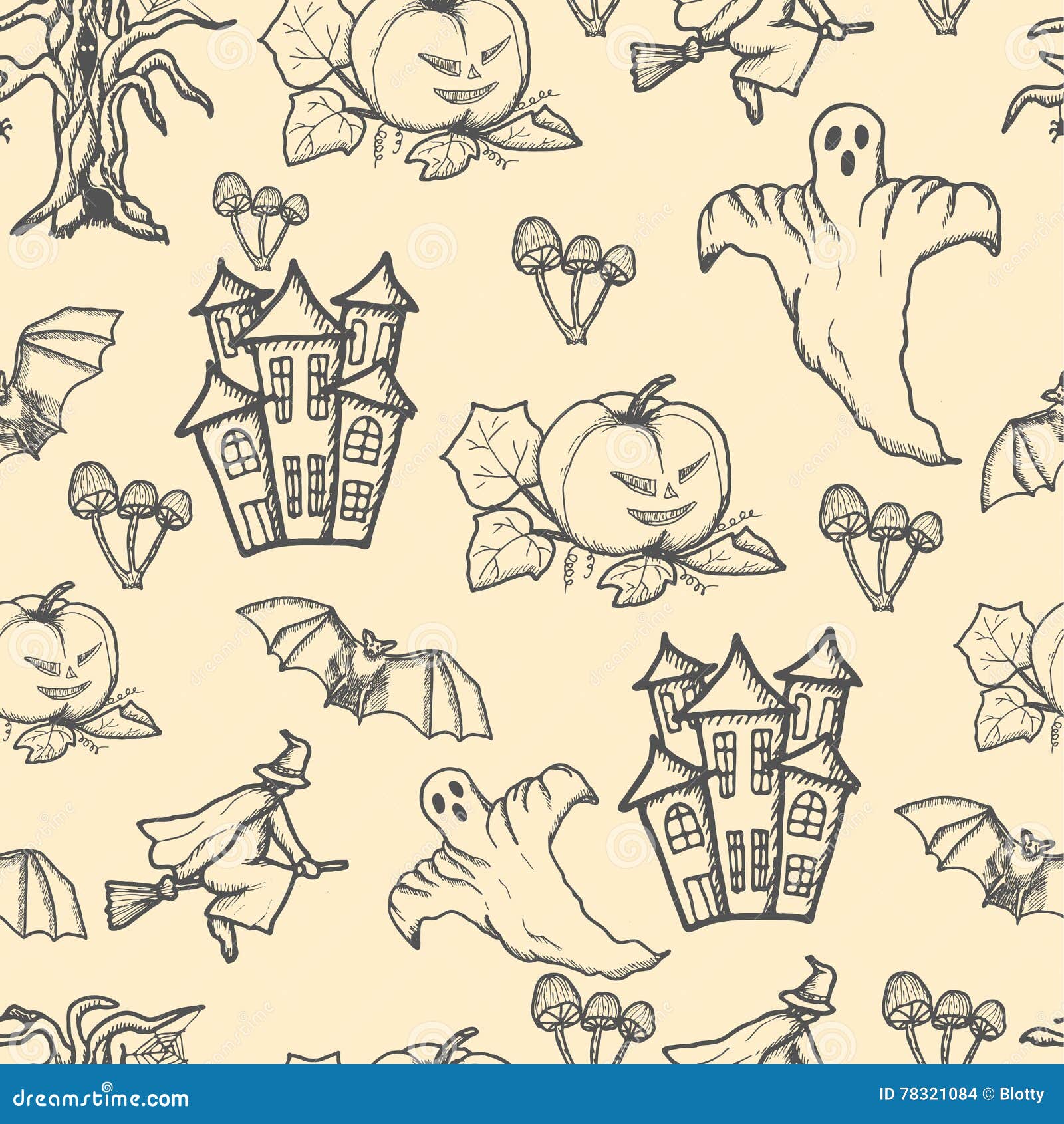 Hand Drawn Doodle Halloween Seamless Pattern. Black Pen Objects Drawing ...