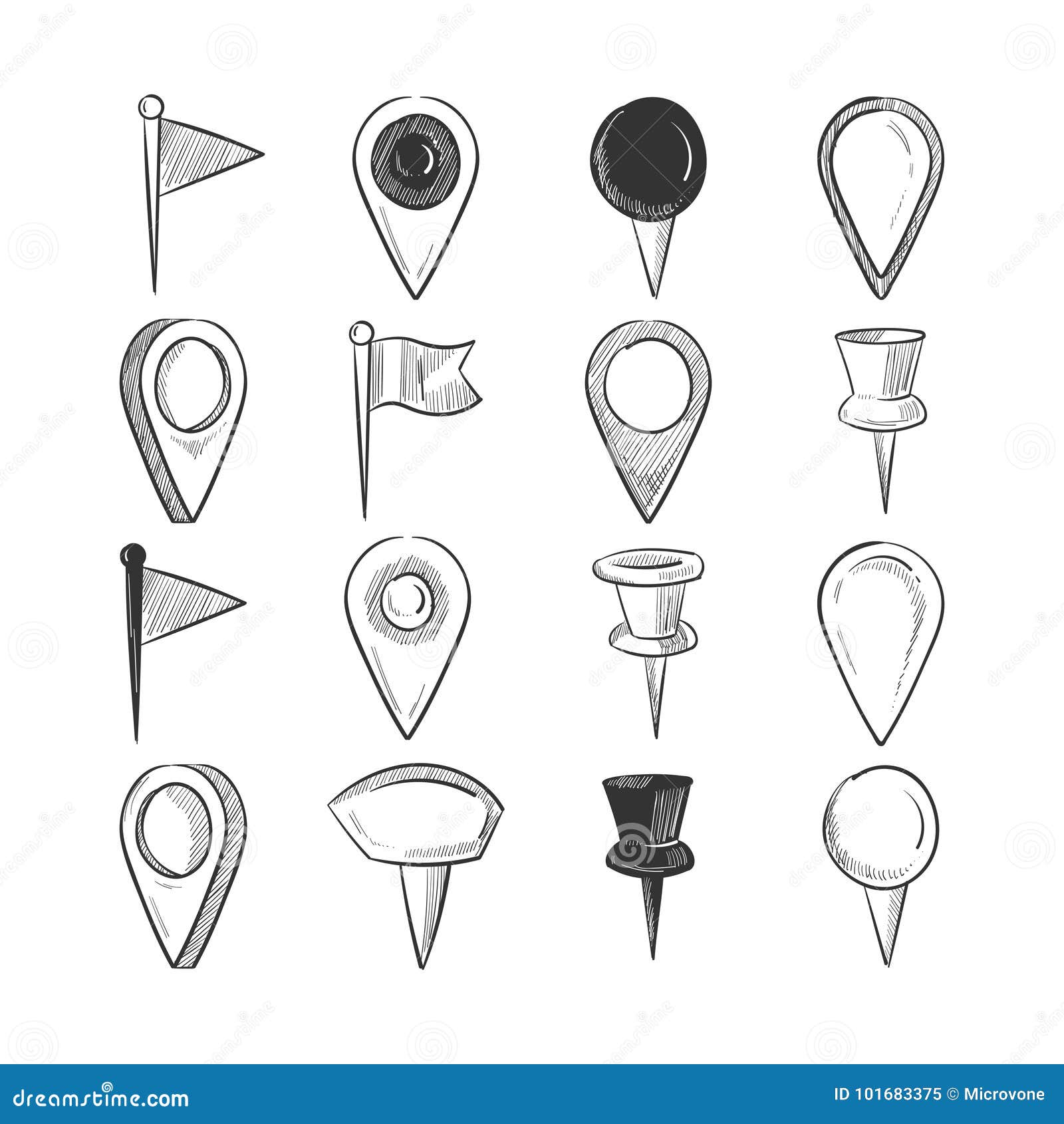 Hand Drawn Doodle Navigation Pins Set Stock Vector Illustration Of