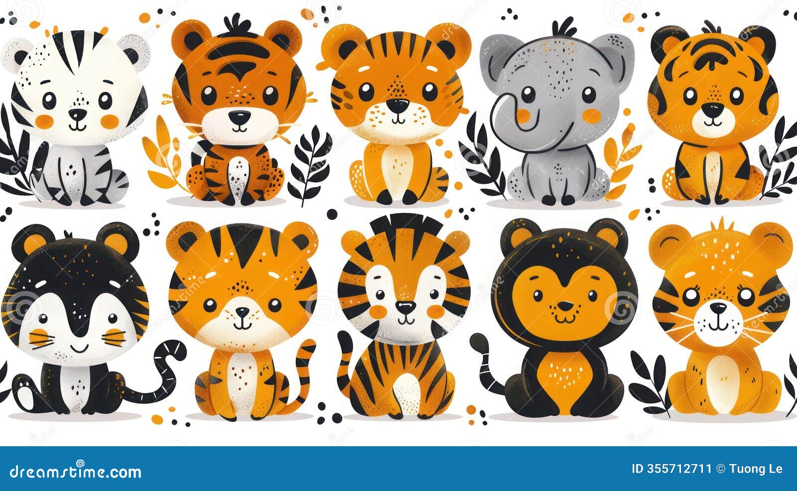 hand-drawn doodle pattern with cute  wild animals including tiger, hippo, zebra, elephant, and crocodile - adorabl