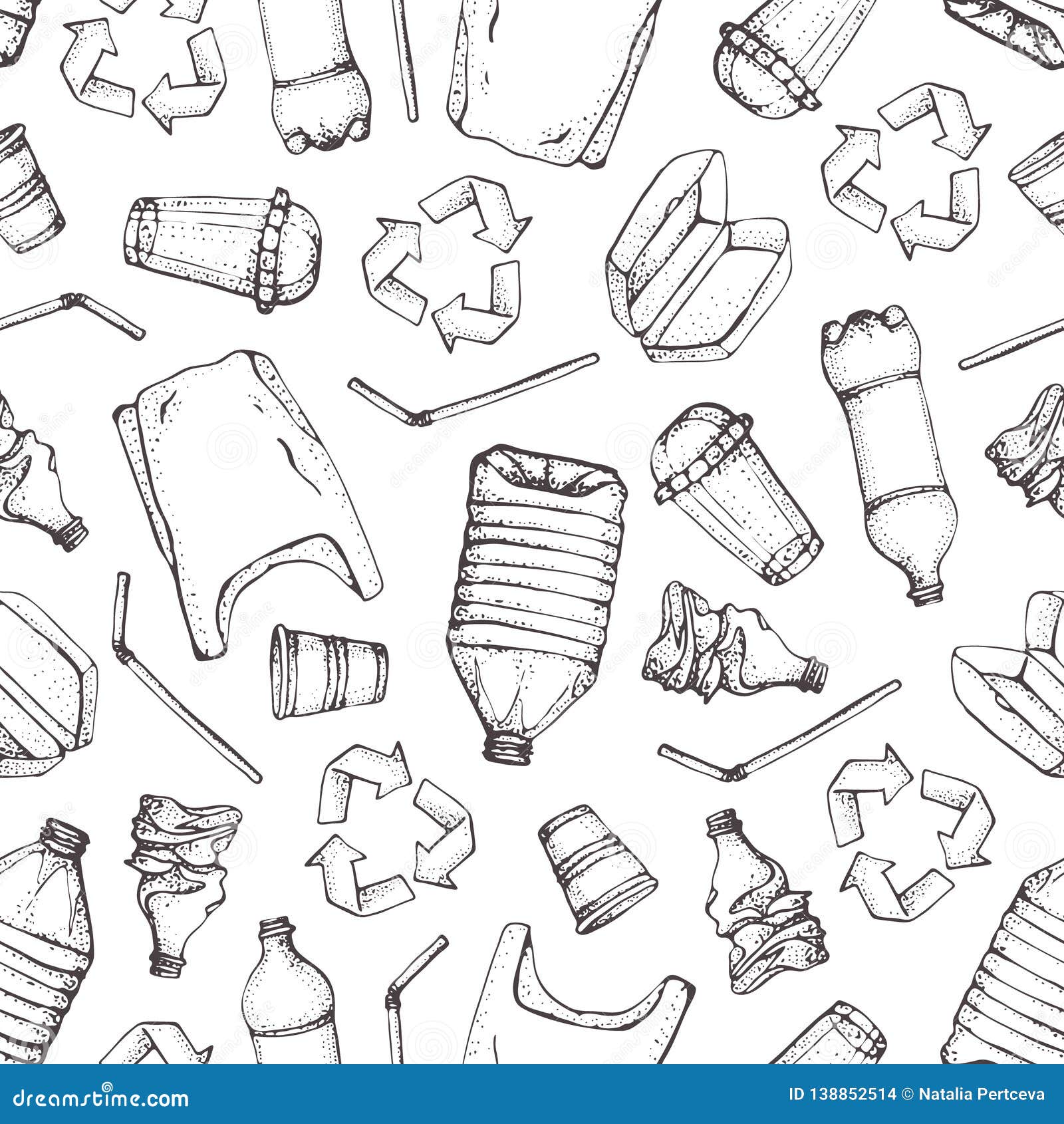 Hand Drawn Doodle Plastic Pollution Seamless Pattern. Vector