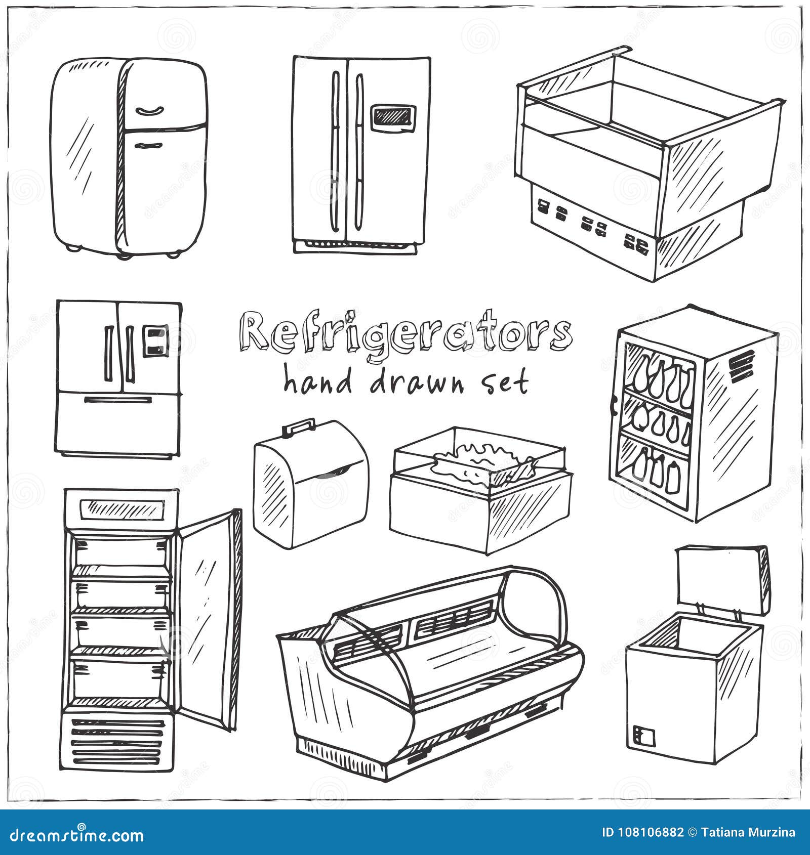 Hand Drawn Doodle Refrigerator Set. Stock Vector Illustration of