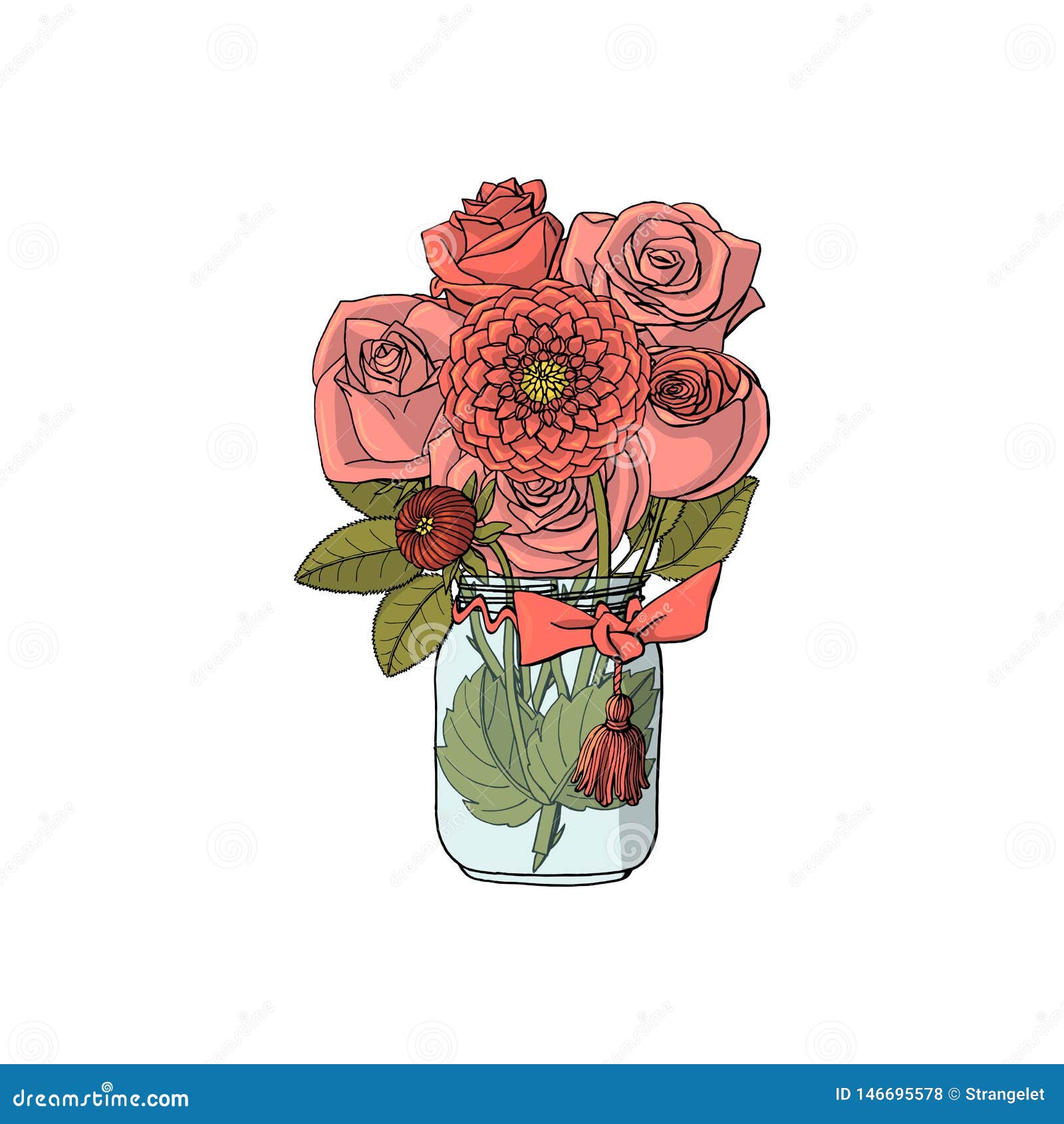 hand drawn doodle style bouquets of different flowers, roses and dhalias.