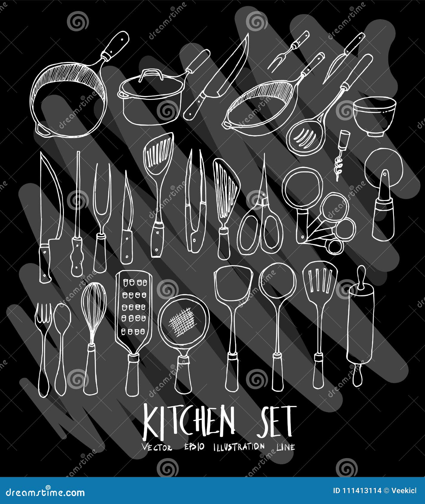 Hand Drawn Doodle Vector Line Kitchen Tool Icon Set on Chalkboard Eps10