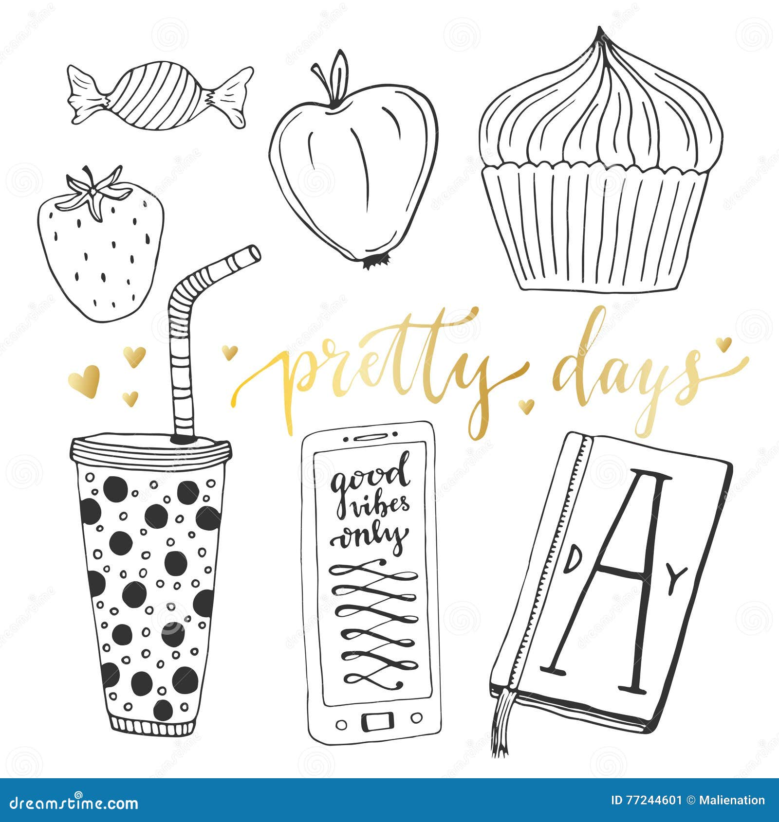 Hand Drawn Doodle Vector Set for Teen Girls. Vector Collection of Breakfast  Food and Things Stock Vector - Illustration of drawing, sticker: 77244601