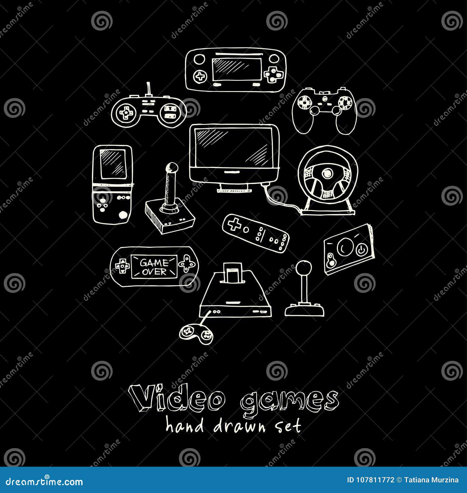 Hand Drawn Doodle Video Games Set. Stock Vector Illustration of