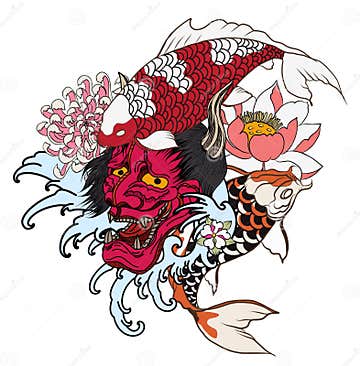 Hand Drawn Dragon and Koi Fish with Flower Tattoo for Arm, Japanese ...