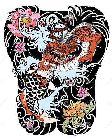 Hand Drawn Dragon and Koi Fish with Flower Tattoo for Arm, Japanese ...