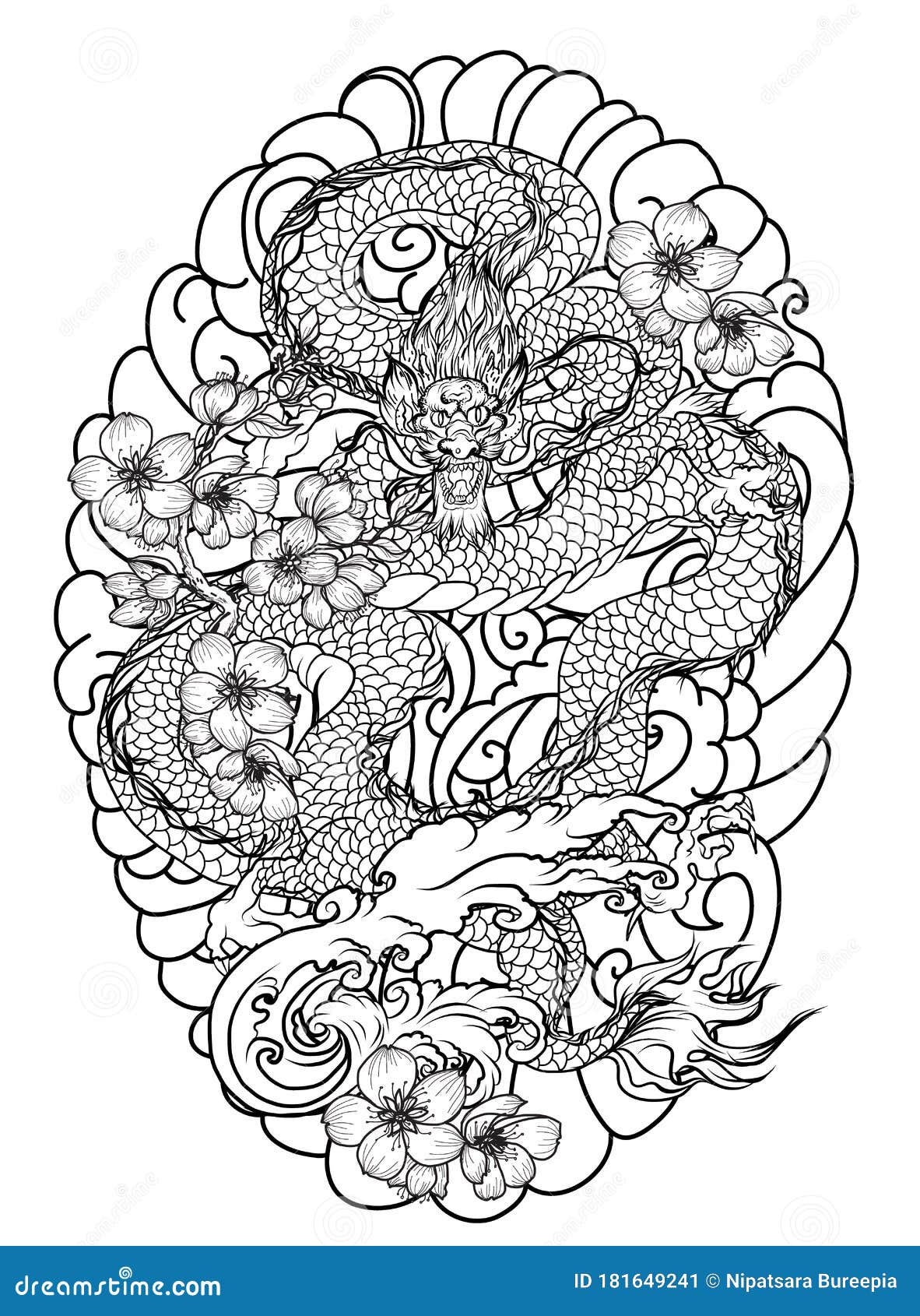 Hand Drawn Dragon Tattoo ,coloring Book Japanese Style.Japanese Old Dragon for Tattoo. Traditional Asian Tattoo the Old Dragon Vec Stock Vector - Illustration of flower, design: 181649241