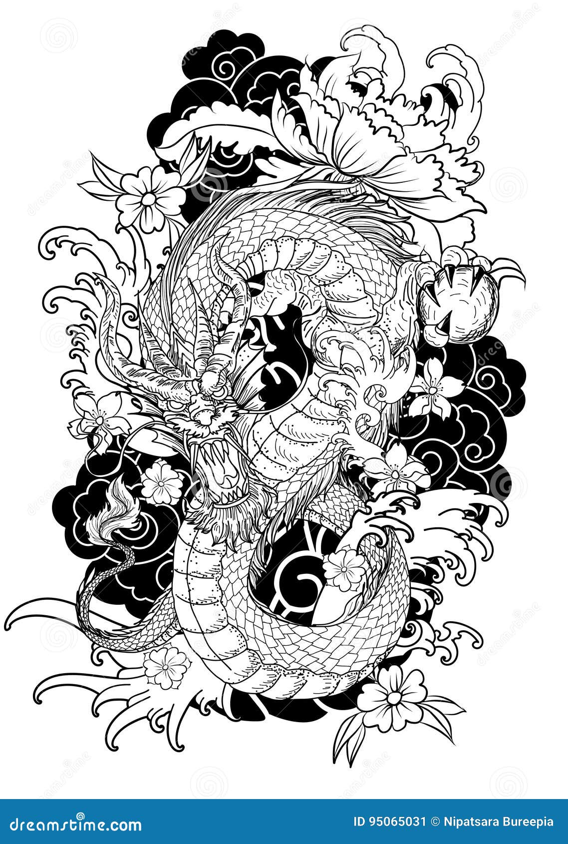 Hand Drawn Dragon Tattoo , Coloring Book Japanese Style Stock