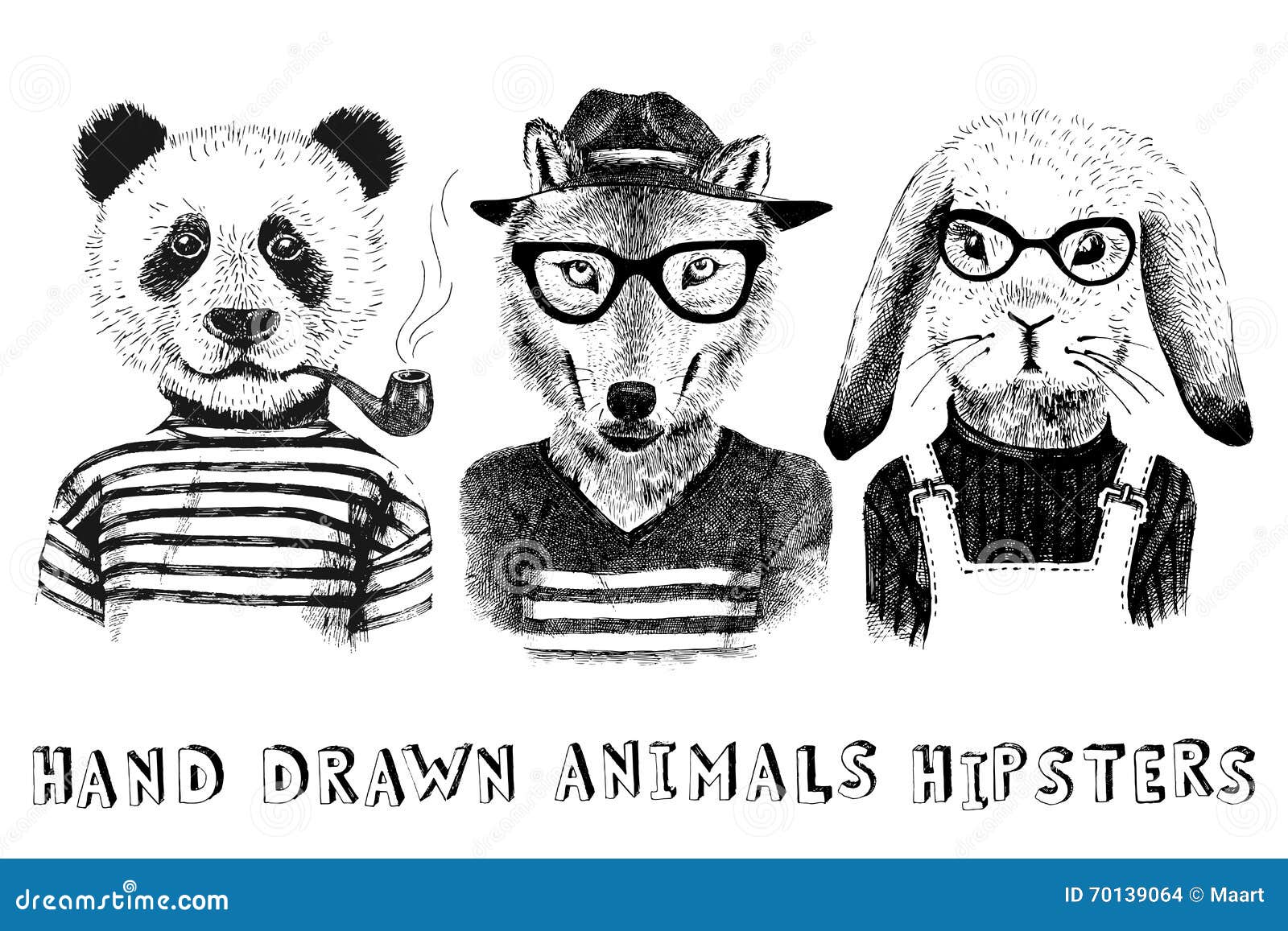 hand drawn dressed up animals in hipster style