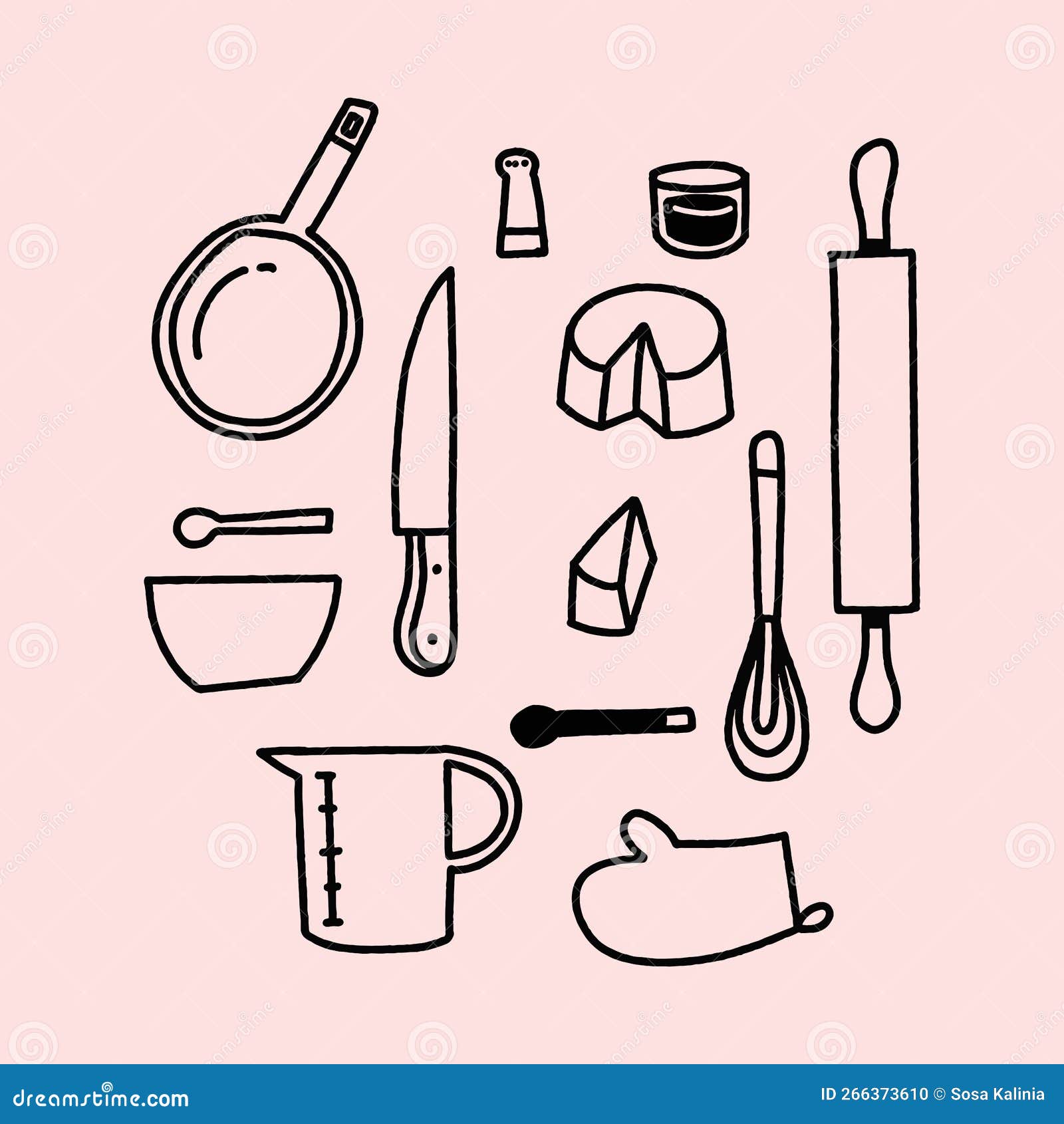 Kitchen utensils illustration set line drawing - Stock