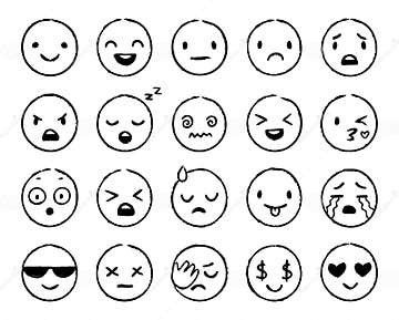 Hand Drawn Emoji. Doodle Emoticons, Smile Face Sketch and Grunge Ink ...