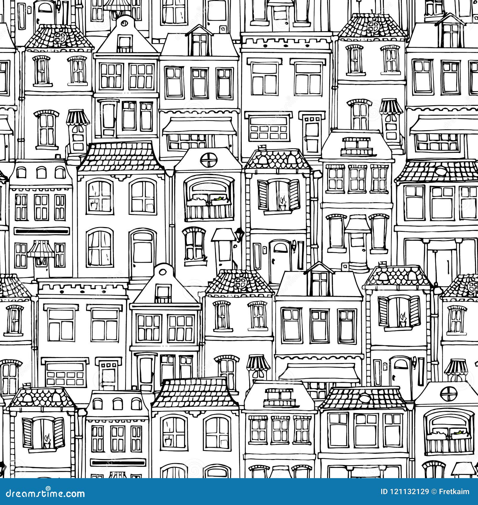 Hand Drawn European City Houses Seamless Pattern. Cute Cartoon Style ...